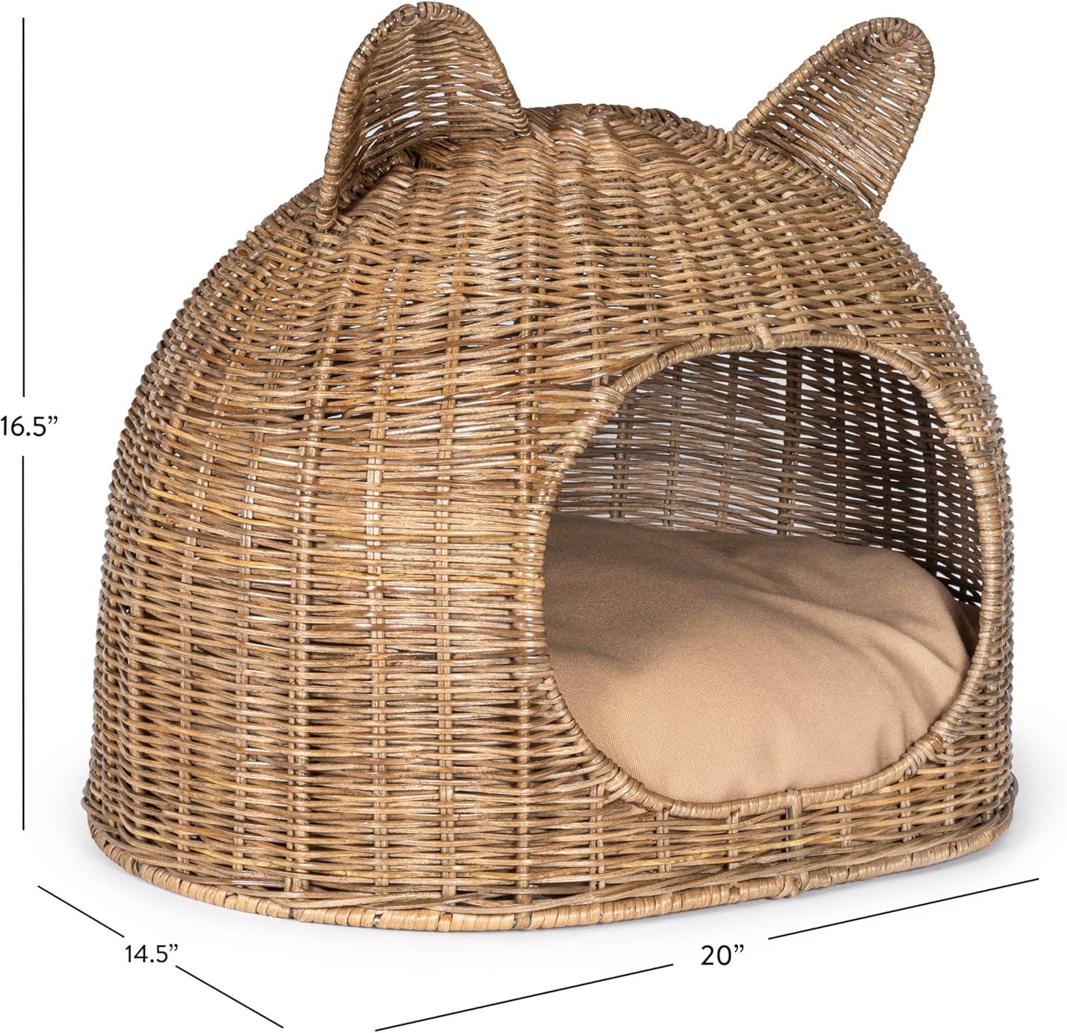 Cat Ear Coastal Handwoven Rattan Cat Bed with Machine-Washable Cushion