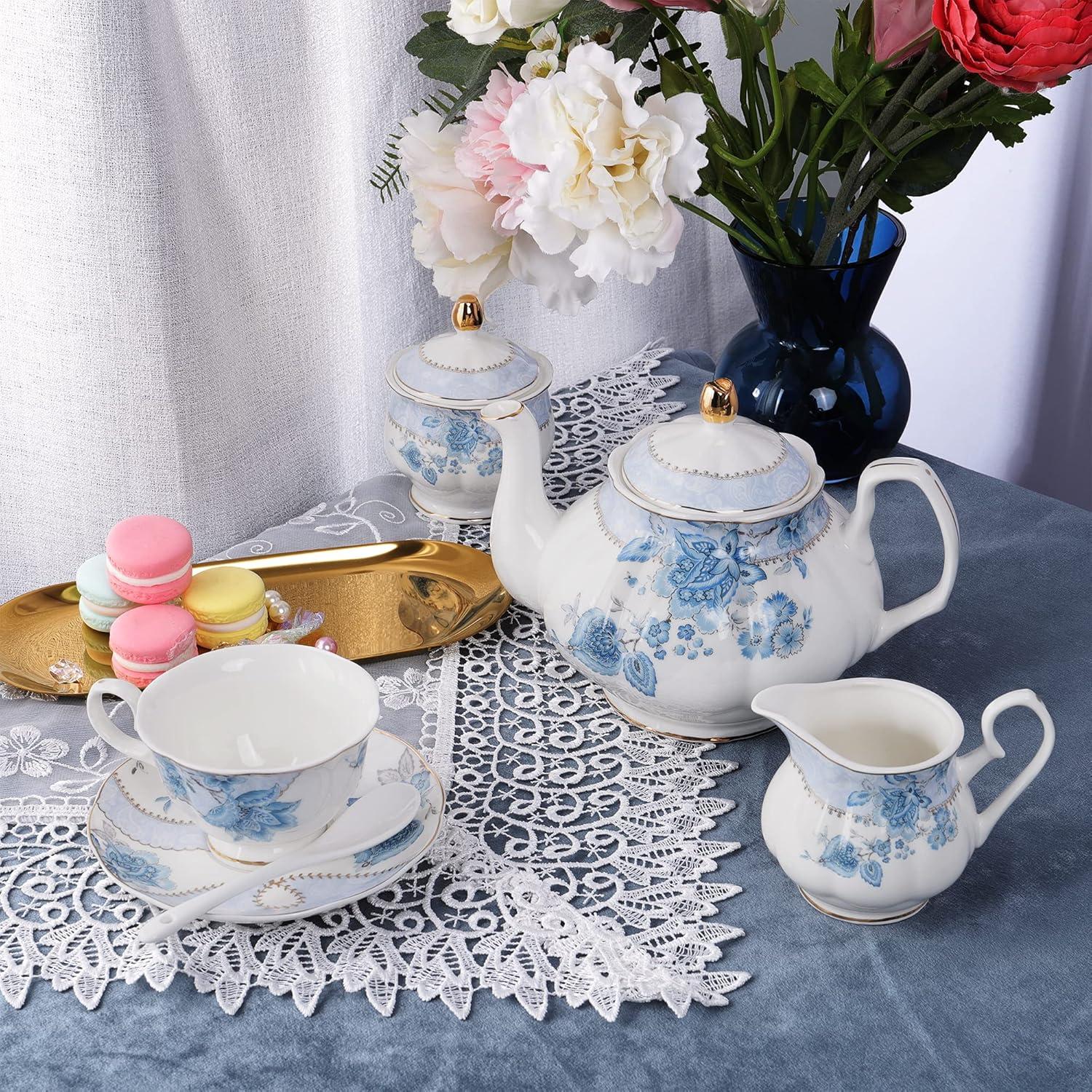 DOFLIC Porcelain Tea Set, Tea Cup and Saucer Set Service for 6, Wedding Tea Set