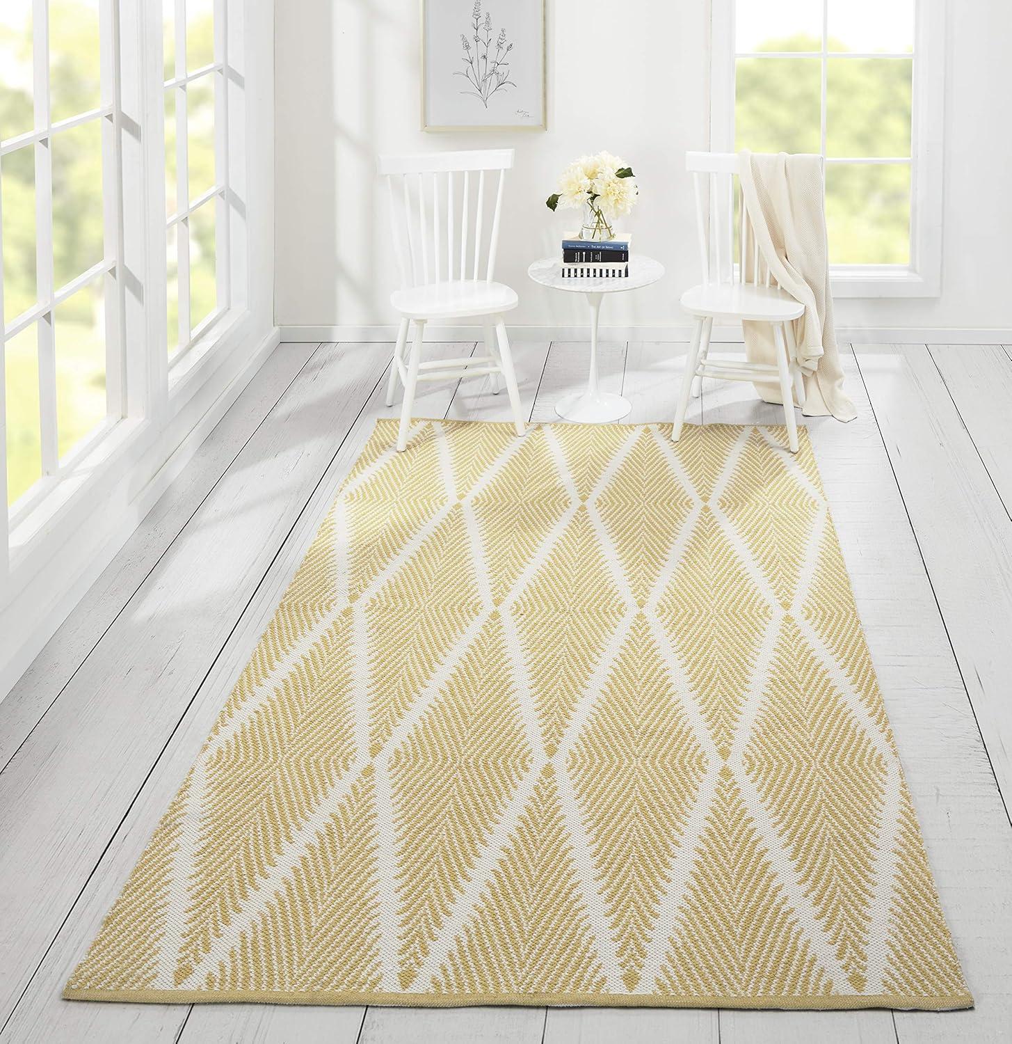 River Geometric Handmade Flatweave Yellow/White Area Rug