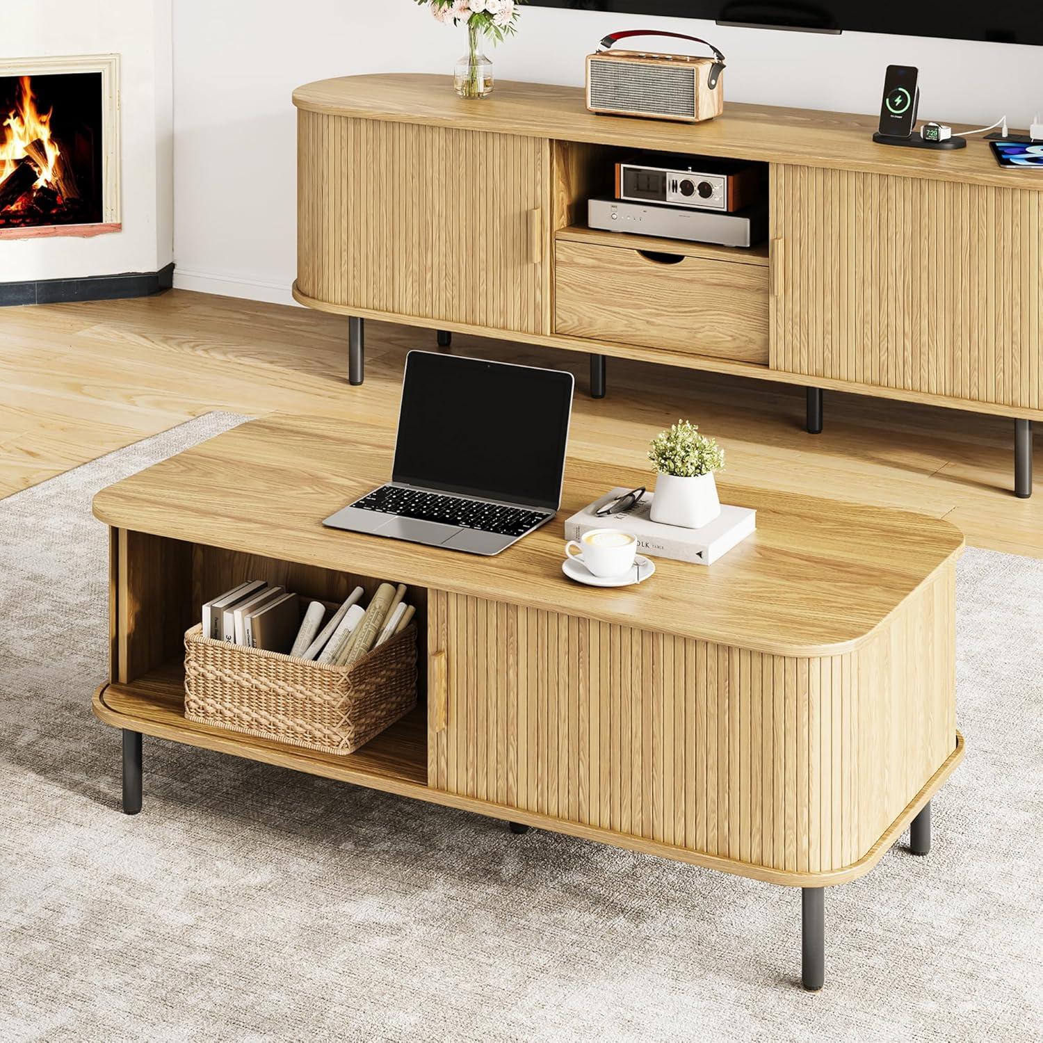 Latitude Run® Coffee Table with Storage, 47.2" Modern Coffee Tables for Living Room, Rectangle Center Table with Sliding Tambour Door & Adjustable Leg for Living Room