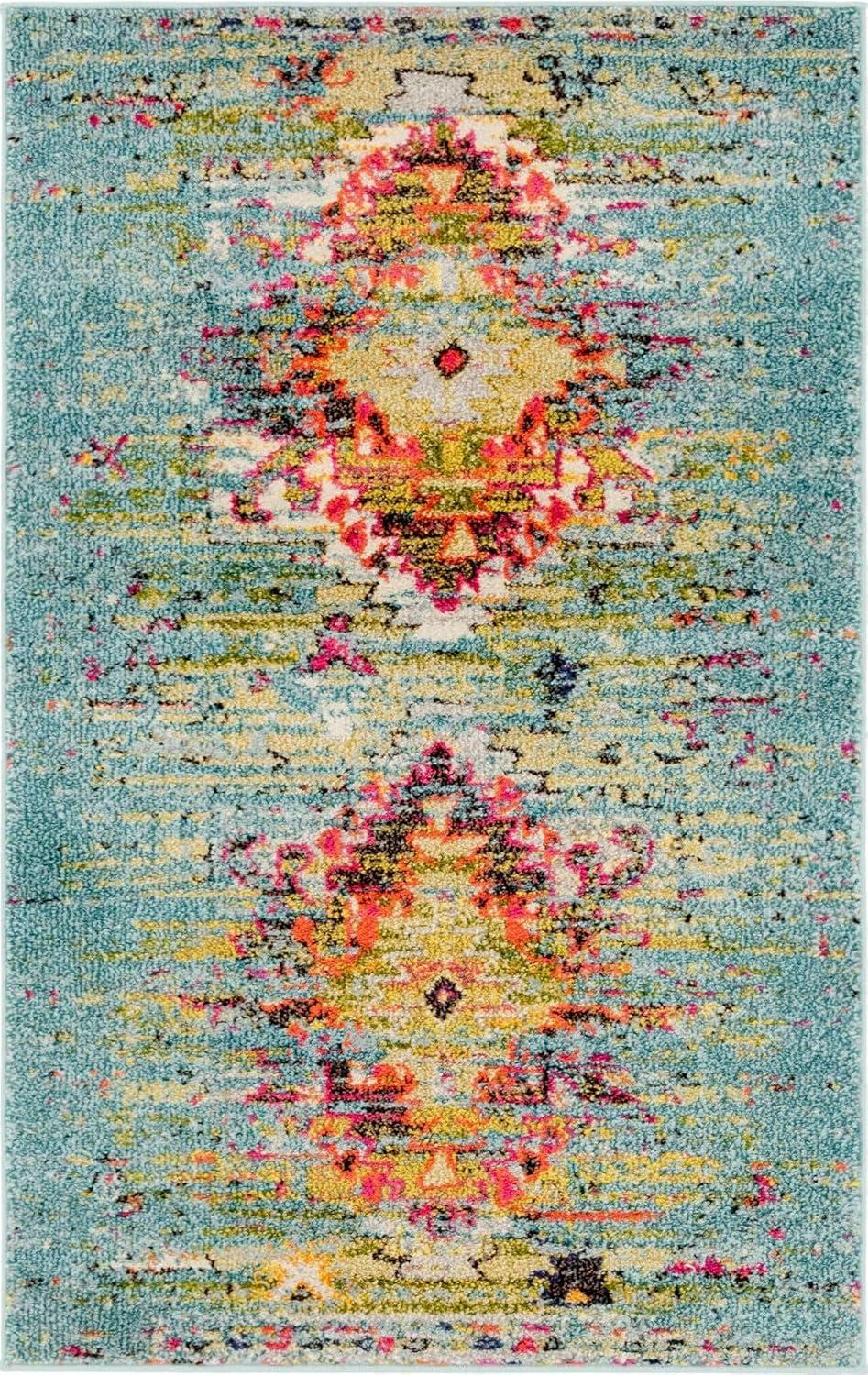 Turquoise and Yellow Over-Dyed Tribal Vintage Rectangular Rug