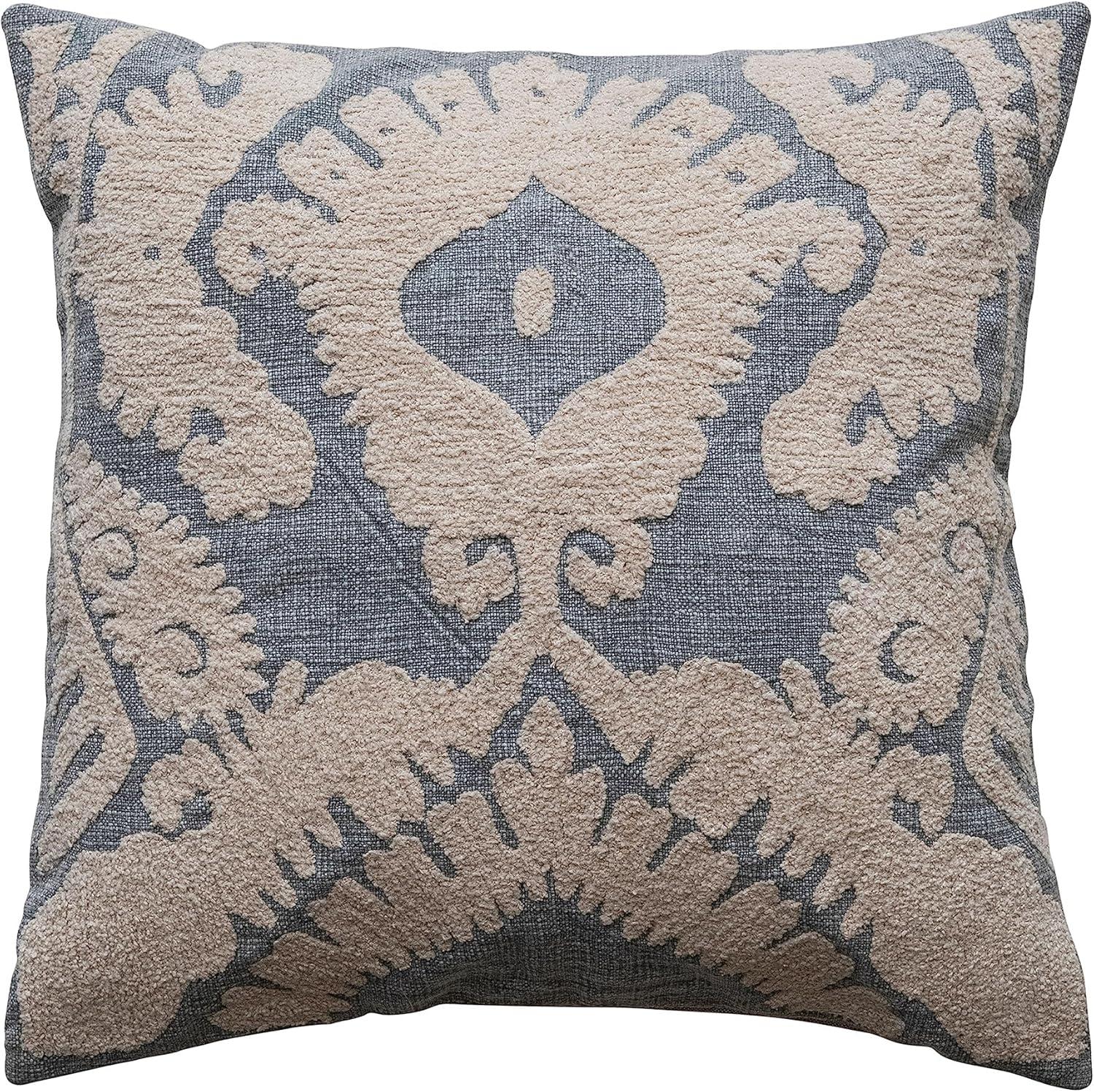 20" Blue and Cream Cotton Slub Tufted Damask Pillow