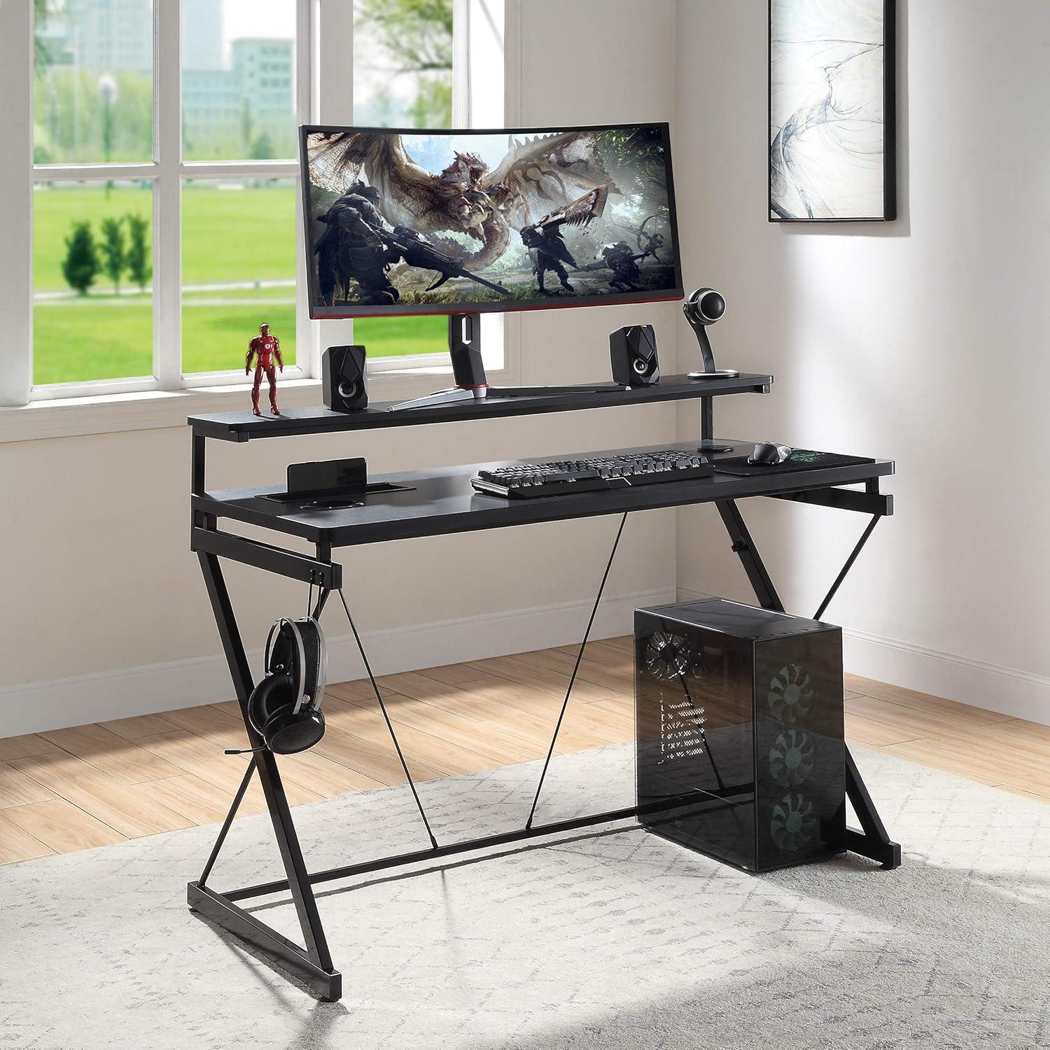 OSP Home Furnishings Emulator Battlestation Gaming Desk with RGB LED Lights