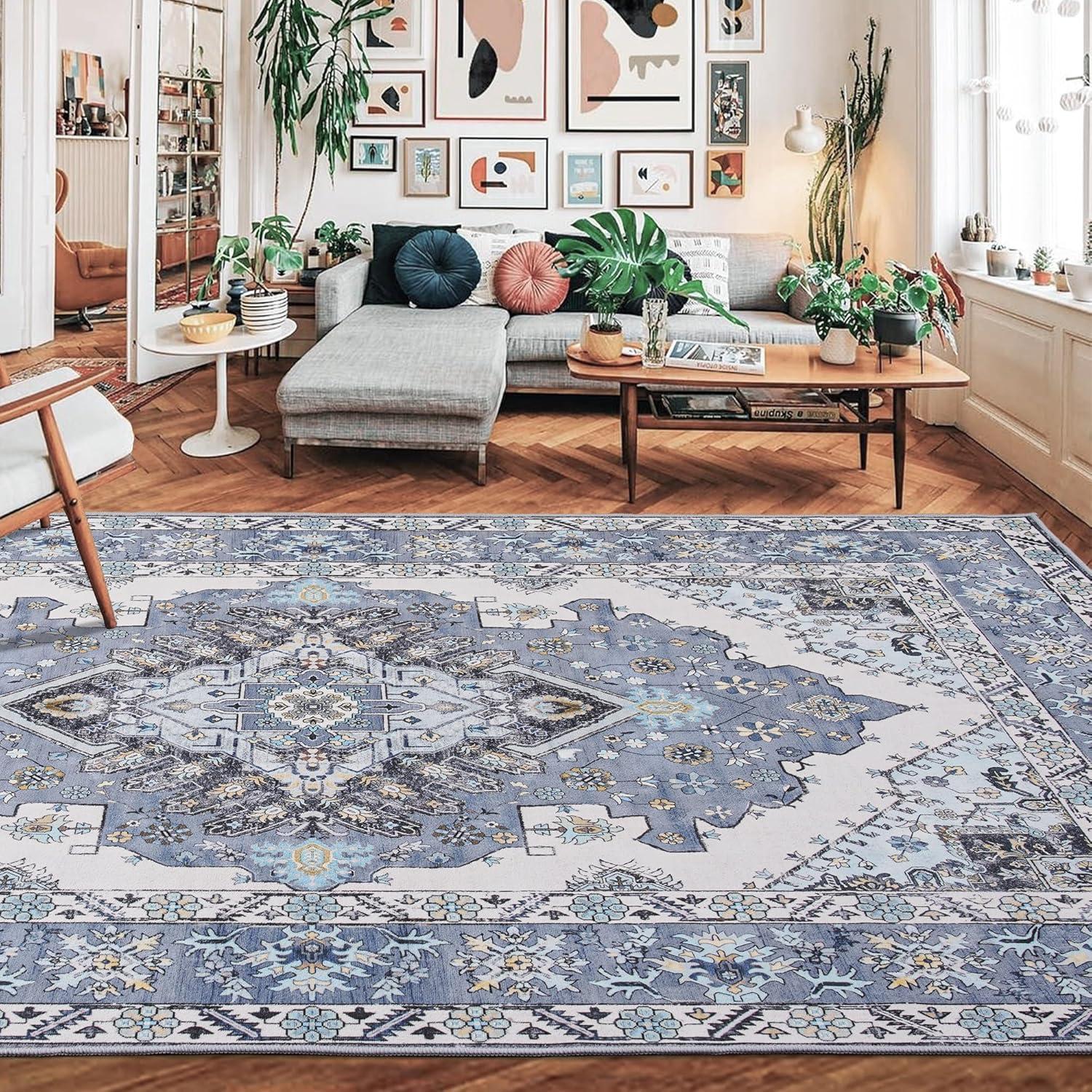 Hasoo 3' x 5' Area Rug Medallion Print Distressed Entryway Rug Persian Soft Foldable Accent Rug for Bedroom Living Room, Blue