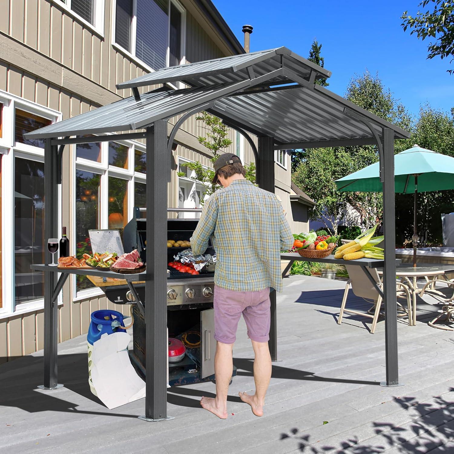 Domi 8x5FT Gray Steel Hardtop Grill Gazebo with Shelves