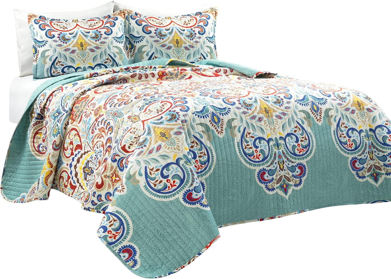 Boho Chic Reversible Oversized Cotton Quilt Seafoam/Red 3Pc Set Full/Queen
