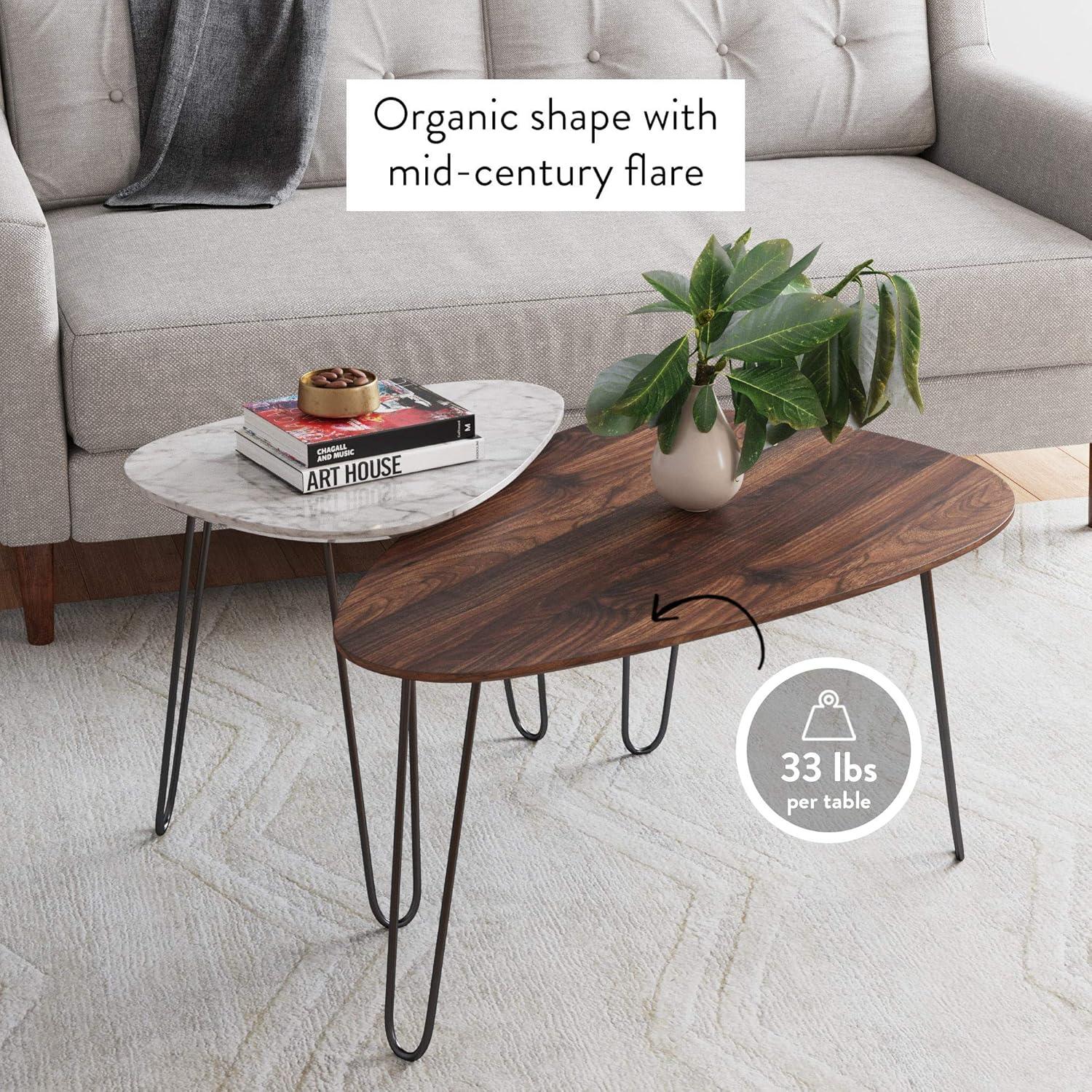 34" Bodhi Wood and Faux Marble Nesting Coffee Table Set Walnut/White Marble/Matte Black - Nathan James