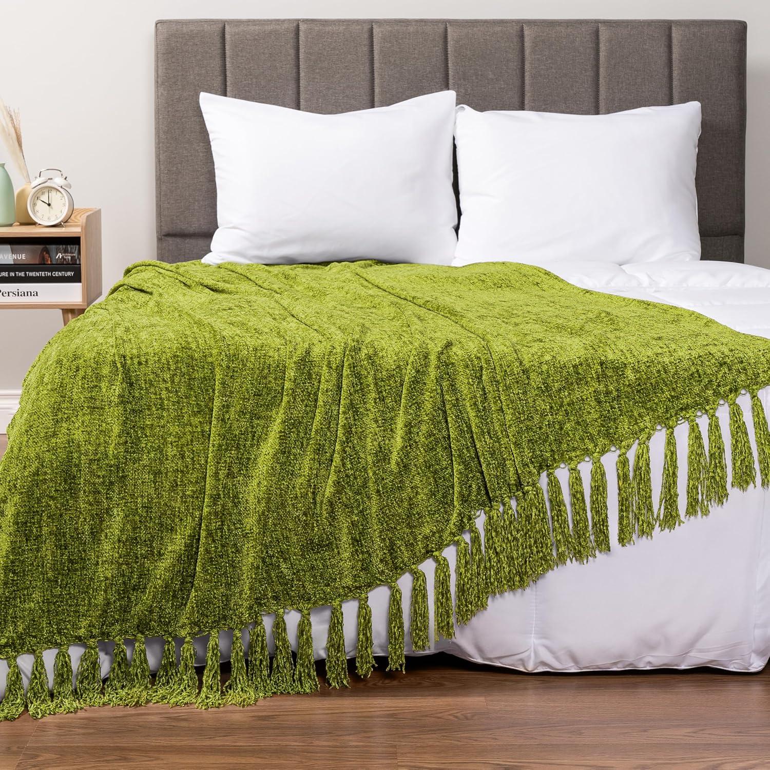 PAVILIA Chenille Throw Blanket with Woven Knitted Tassel Fringe for Couch, Living Room Decor and Bed