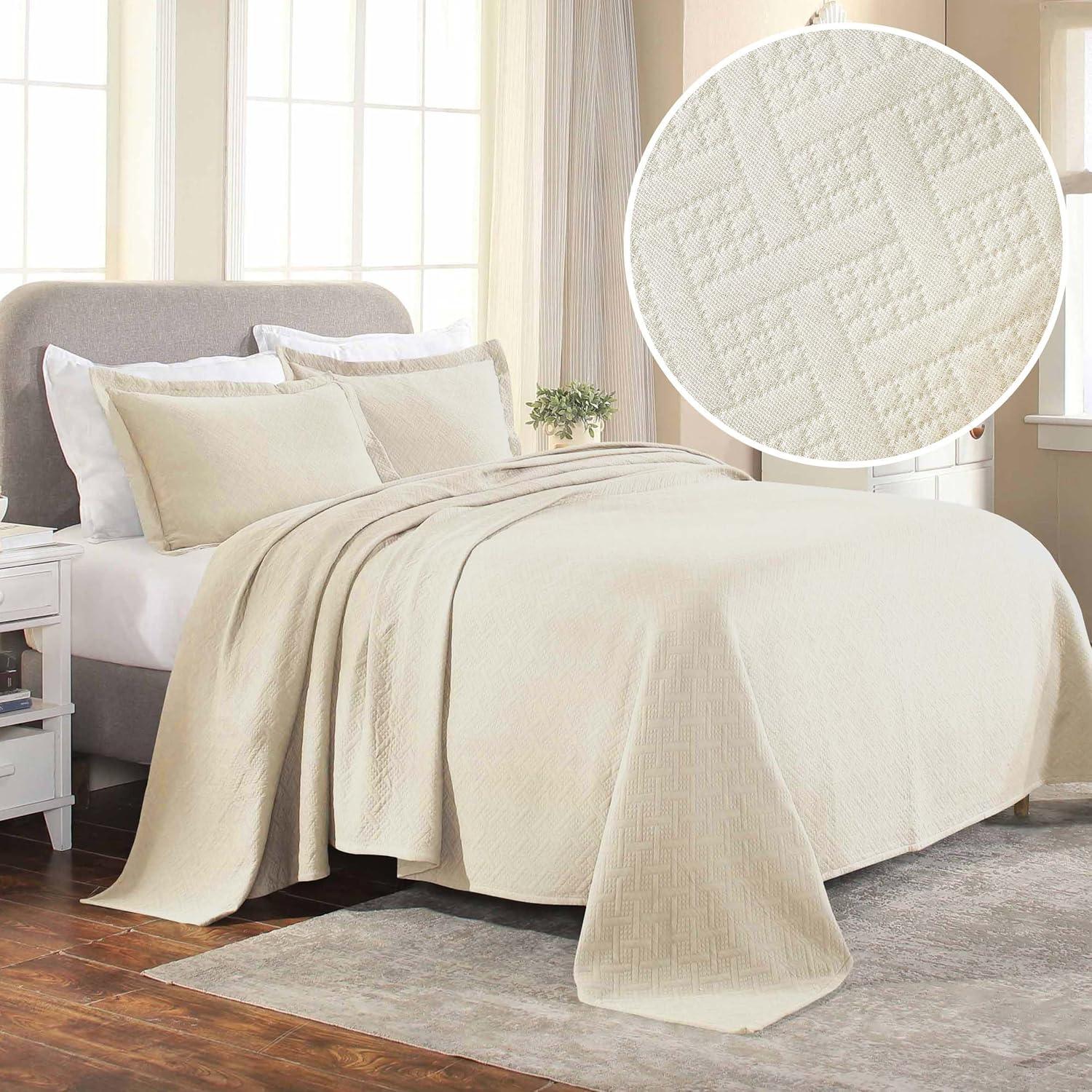 Superior 100% Cotton Basket Weave Bedspread 3 Piece Set, Twin, Ivory