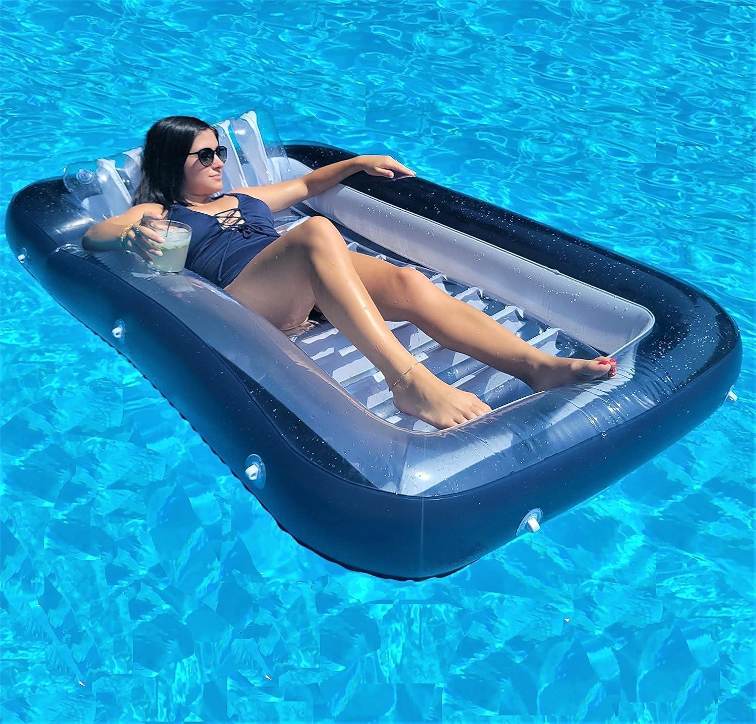 Galvanox Inflatable Tanning Pool Lounger with Pillow | Large Blow Up Floating Bed Raft 70"x49" (Navy Blue)