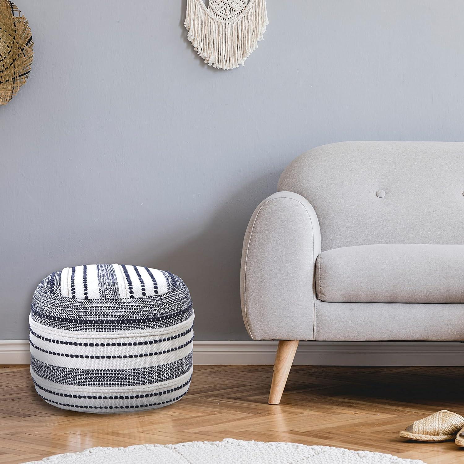 LR Home Small Braided Striped Indoor Round Pouf, Navy/Ivory, 18" x 18" x 14"