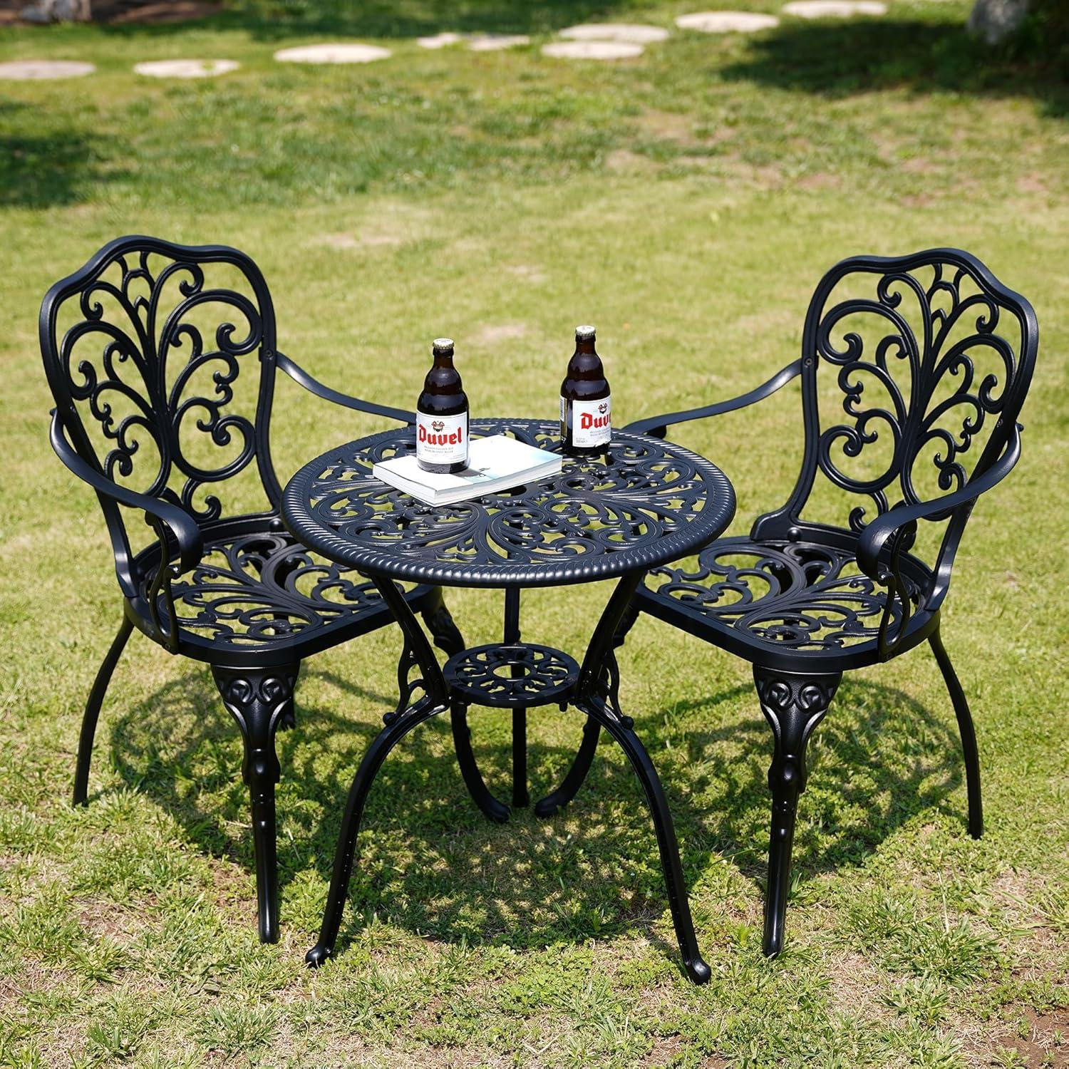 PATIO-IN 3 Piece Bistro Set Cast Aluminum Bistro Table and Chairs Set of 2 with Umbrella Hole,Patio Furniture Sets for Front Porch,Garden