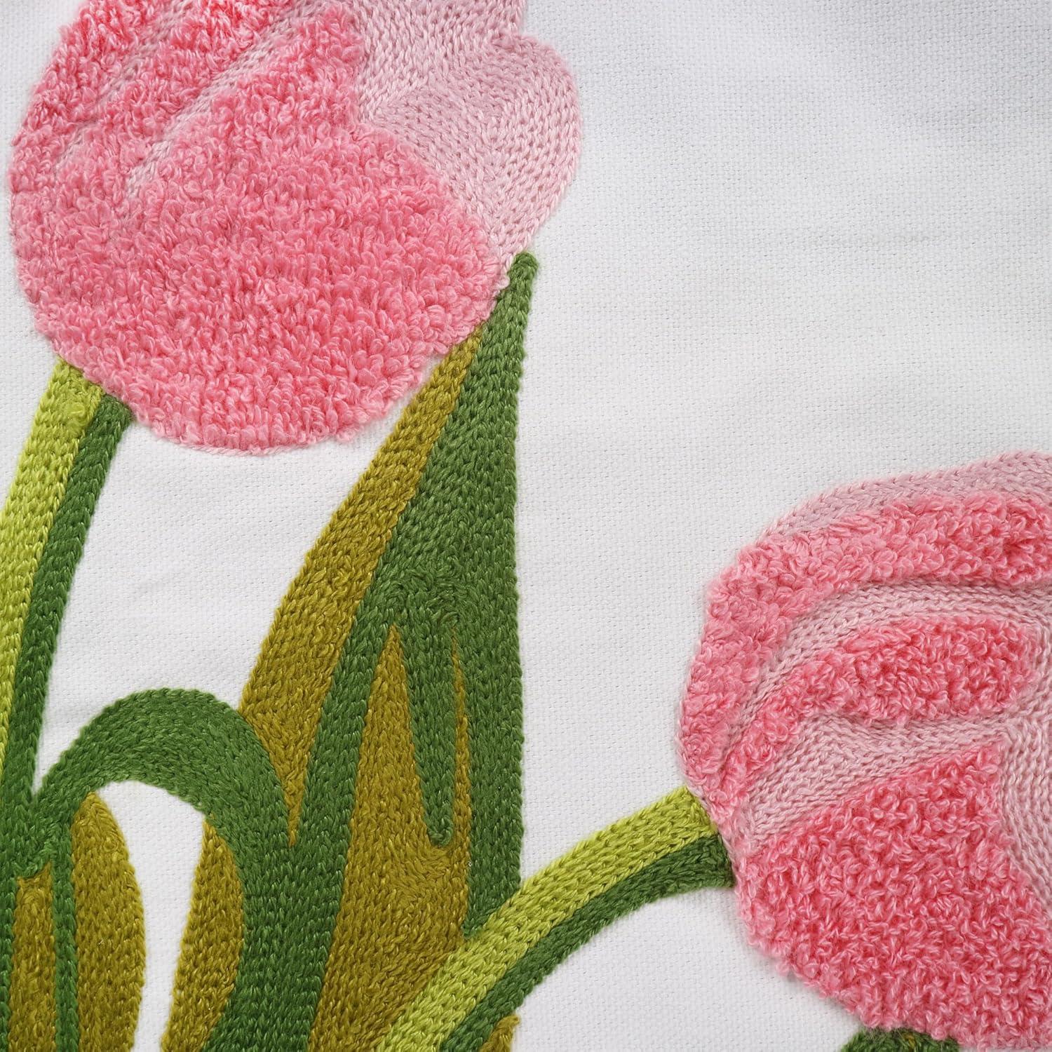 Embroidery Throw Pillow Cover 18x18 Home Decor Tulip Flower Loop Embroidered Floor Pillow Cover for Couch 100% Cotton Canvas Pillow Case Floral Cushion Cover 45x45cm, Pink Tulip, 1 Piece