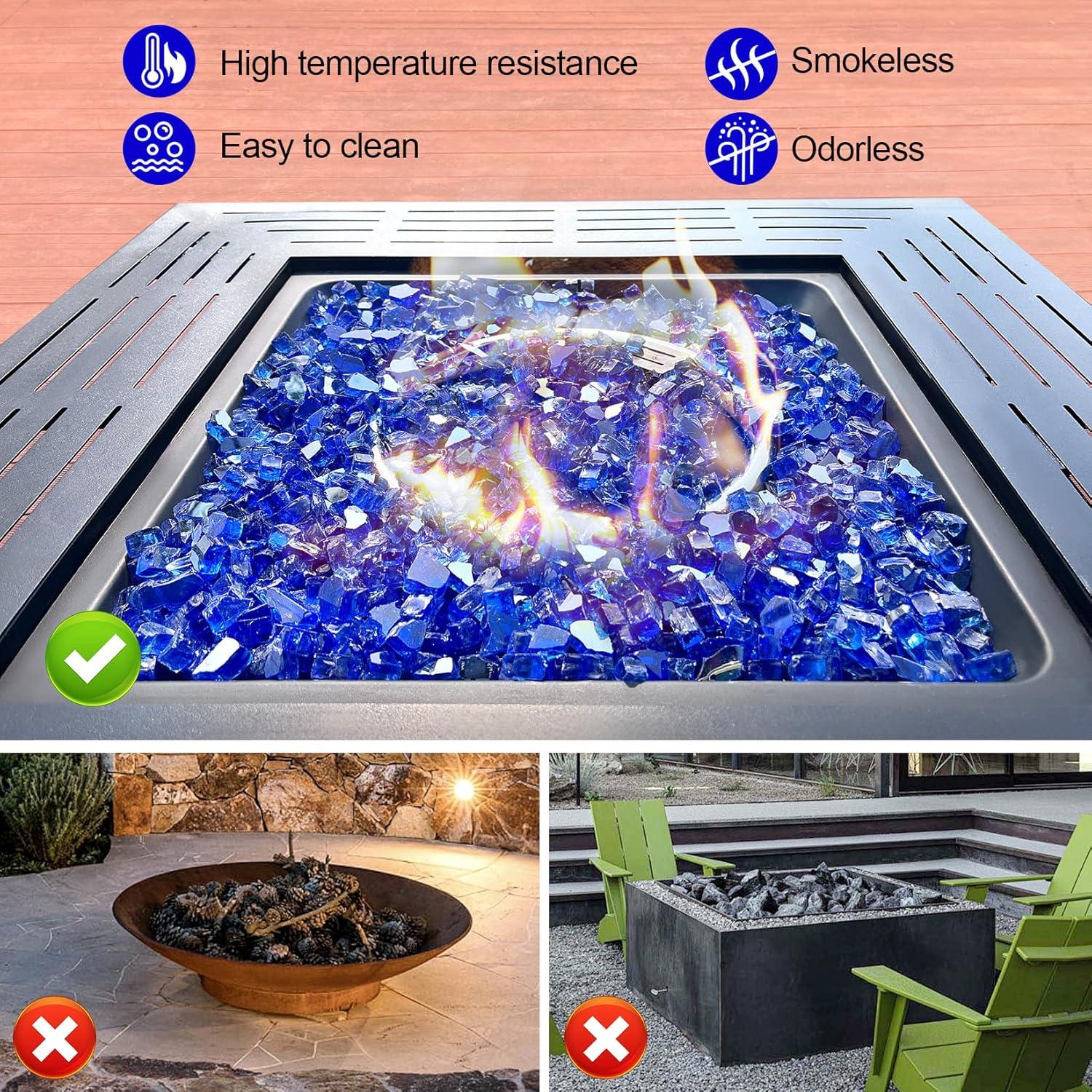 10 lb Fire Glass for Propane Fire Pit, 1/2" Gorgeous Reflective Fireplace Glass Rocks, Cobalt Blue