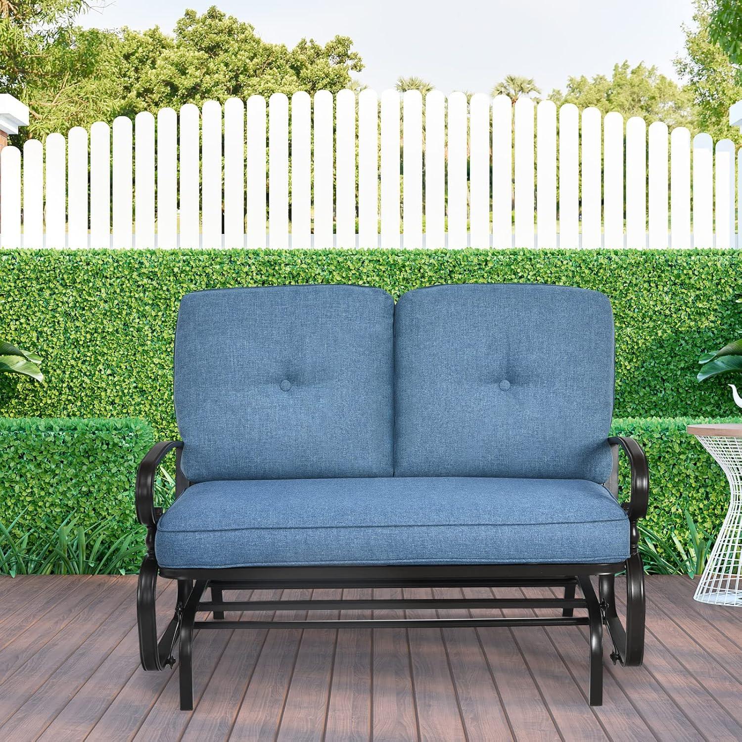 Costway 47.5 in. W 2-Person Brozen Frame Metal Outdoor Glider with Blue Cushion