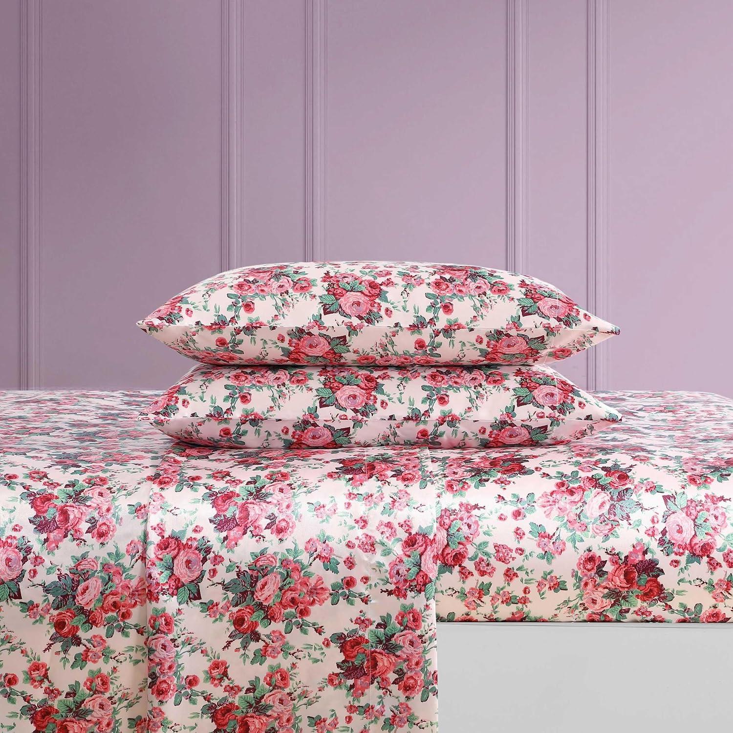 Twin Pink Satin Vintage Floral Sheet Set