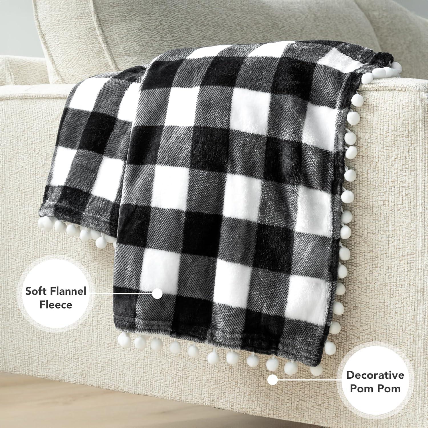 PAVILIA Fleece Pom Pom Blanket Throw for Sofa Bed, Soft Lightweight Pompom Fringe Blanket for Couch