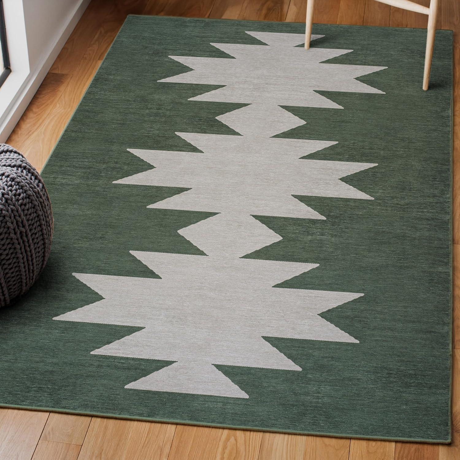 Dark Green and Light Gray Geometric Washable 4' x 6' Area Rug