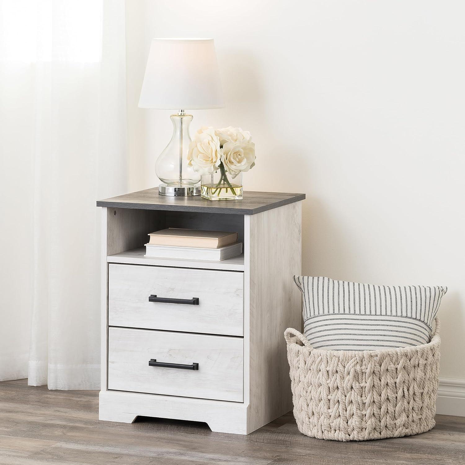 Prepac Rustic Ridge Farmhouse Nightstand with 2 Drawers and Open Cubby Washed White