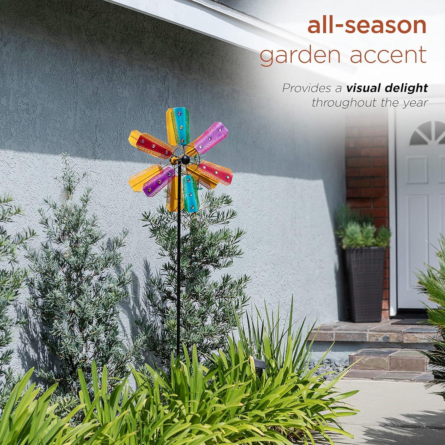 Colorful Bejeweled Metal Windmill Spinner Garden Stake - Alpine Corporation: Decorative Yard Art, Iron Crafted, Multicolored Gems