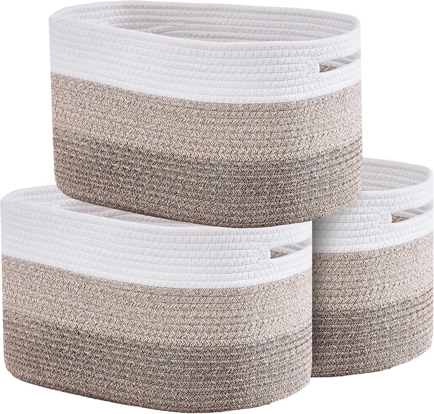 White and Linen Round Cotton Rope Storage Baskets, Set of 3