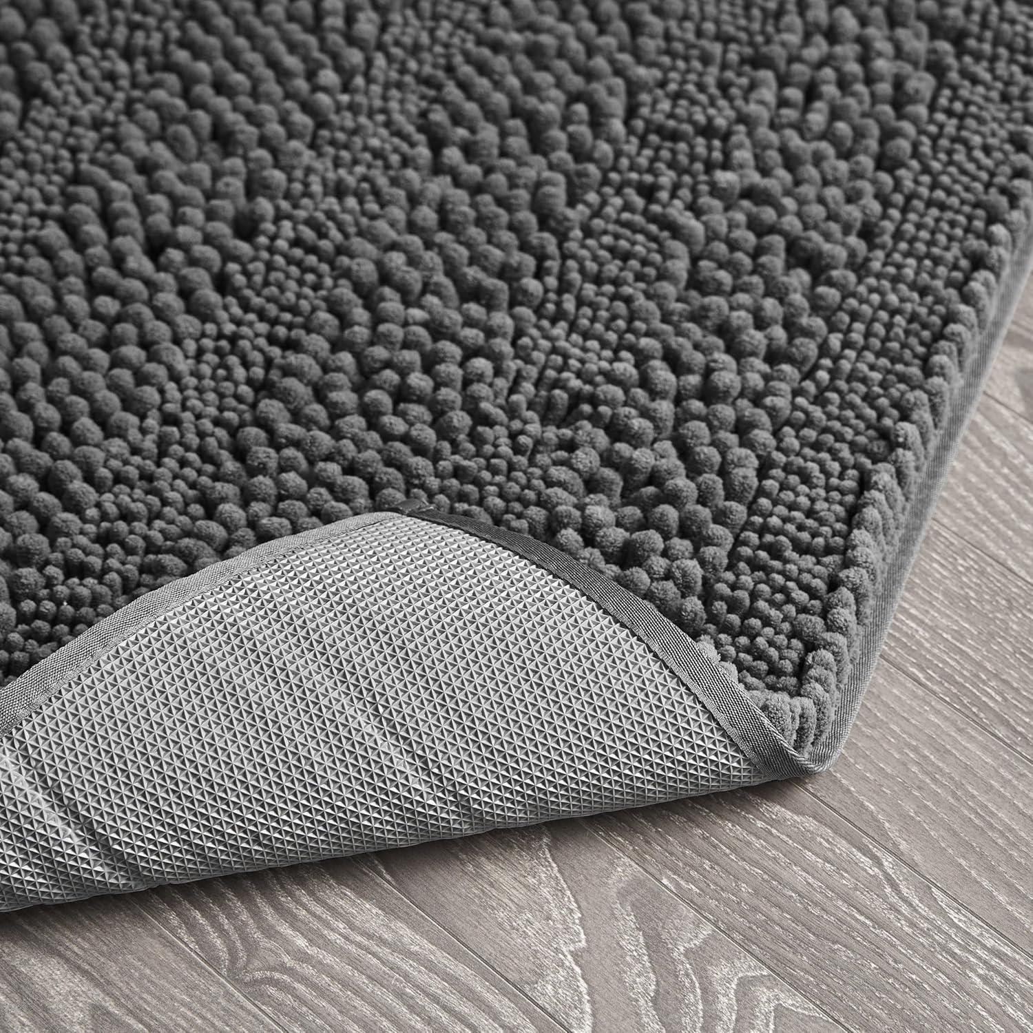 Dark Gray Chenille Non-Slip Bath Mat with Rubber Backing