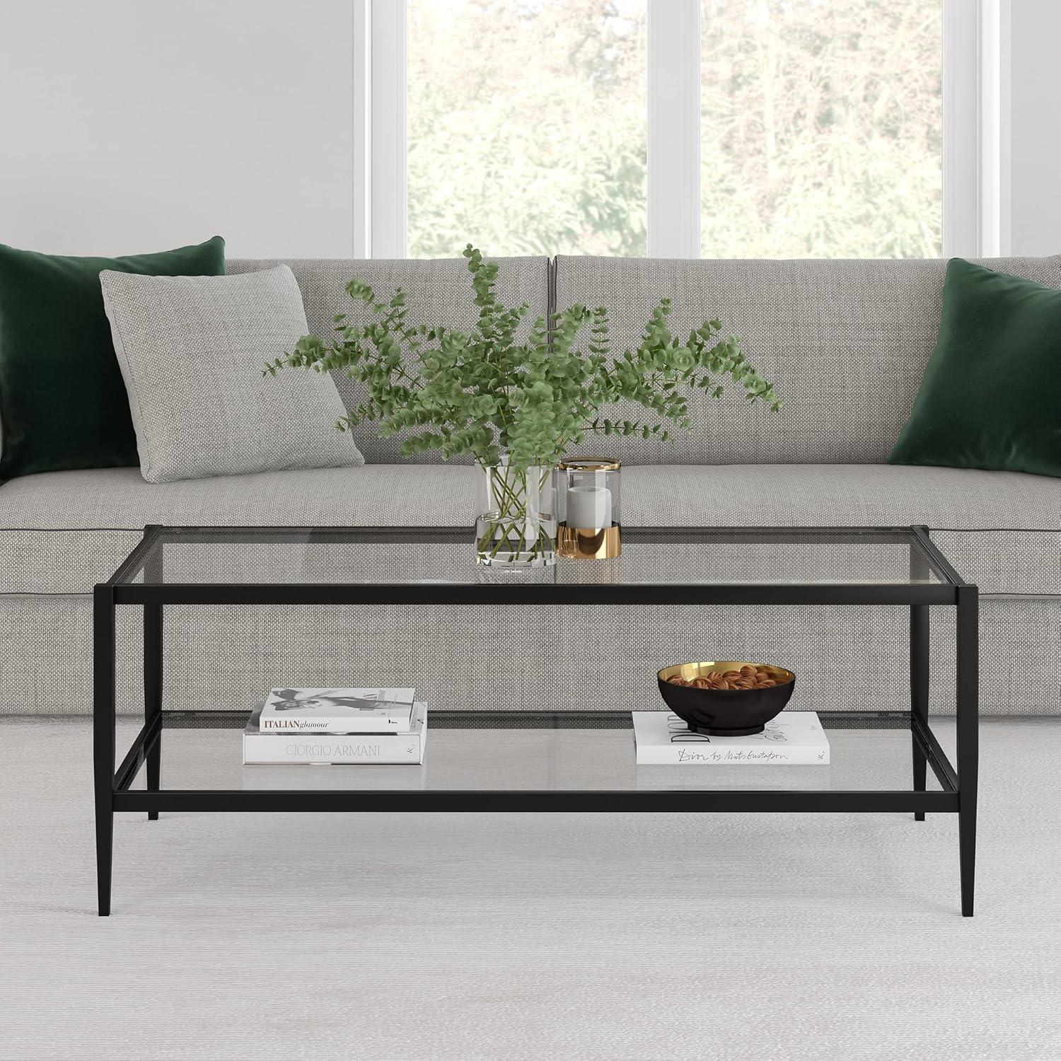 Modern Rectangle Coffee Table in Brass and Gold with Mirrored Shelf - Henn&Hart