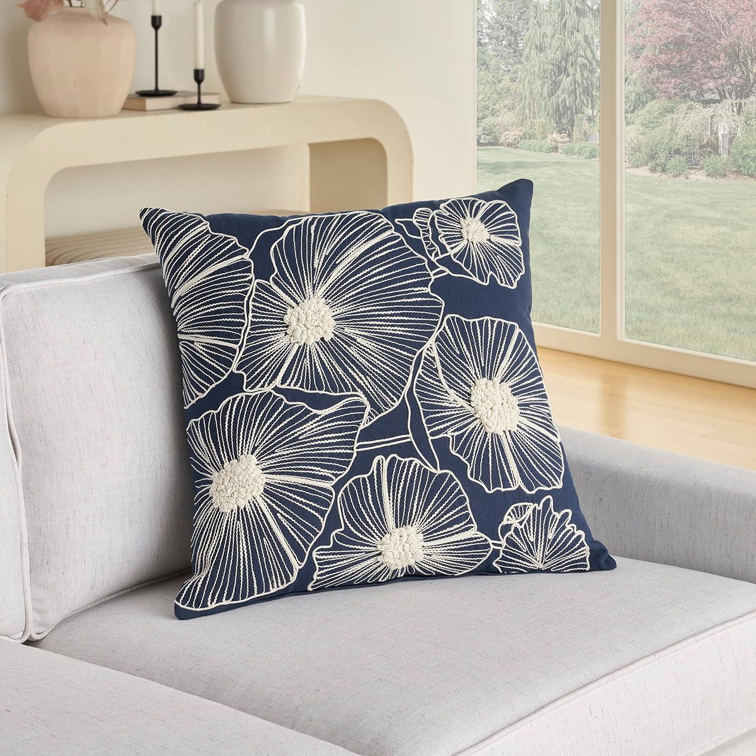 Nourison Life Styles Embroidered Flowers Navy 20" x 20" Throw Pillow Cover