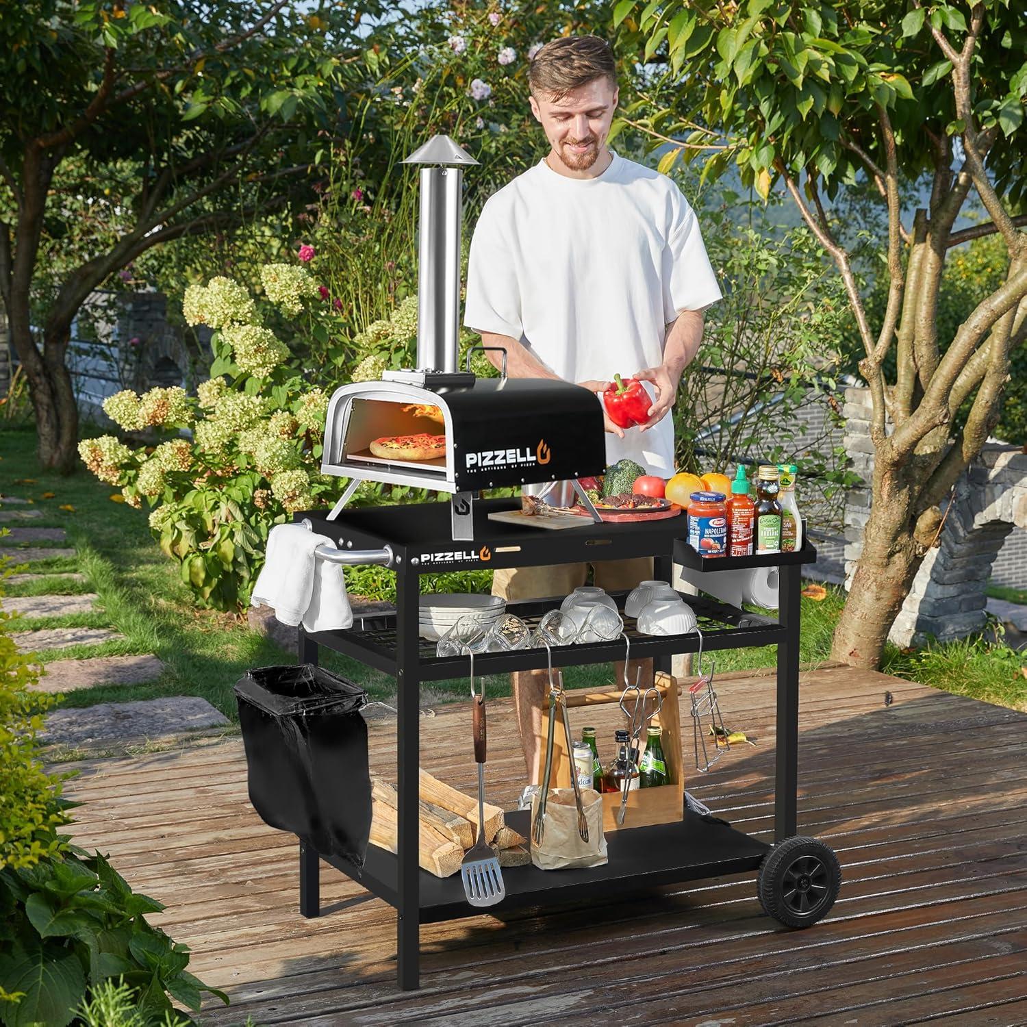 Black Steel Three-Shelf Outdoor Grill Cart with Wheels