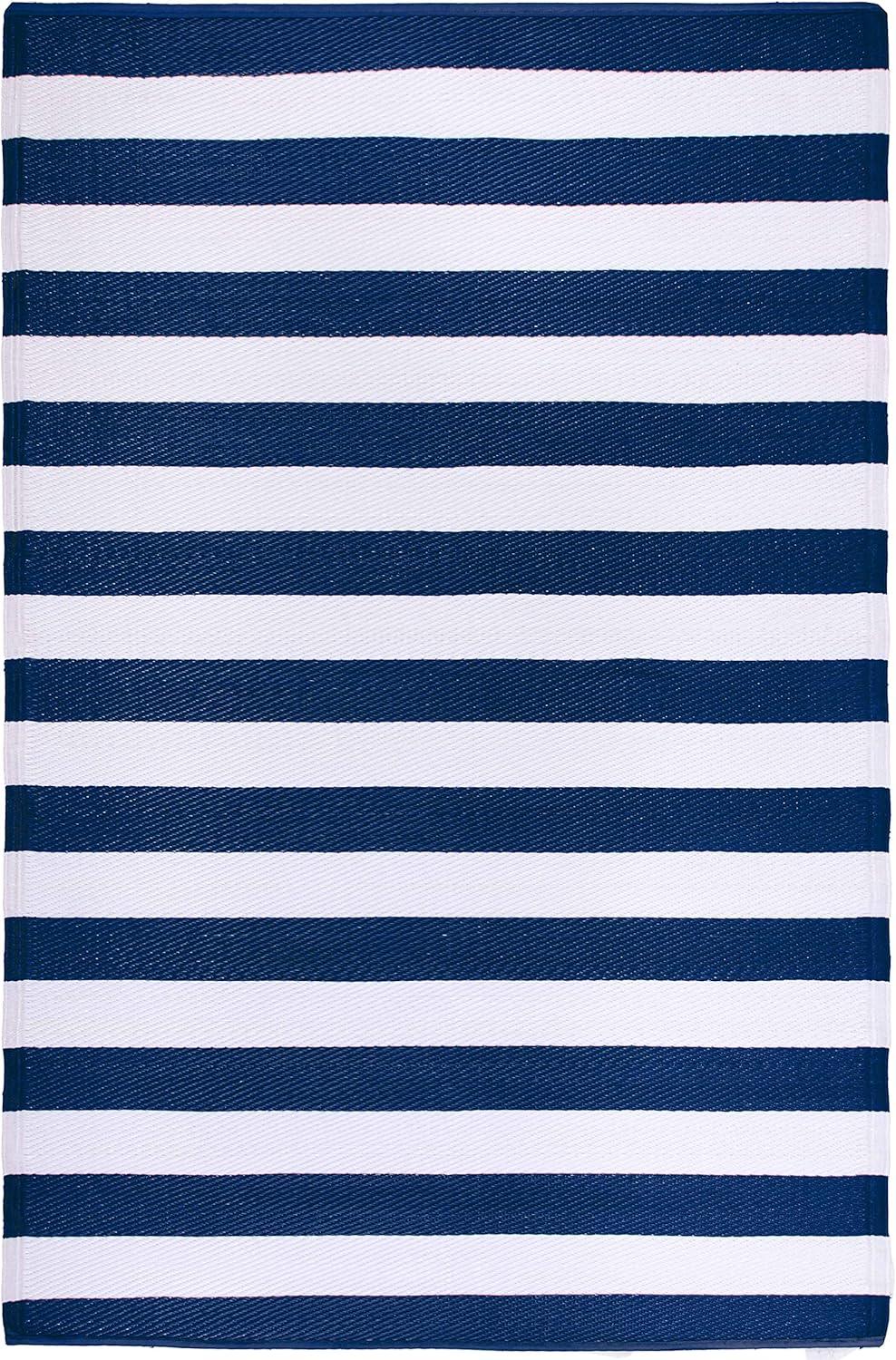 FH Home Outdoor Rug - Waterproof, Fade Resistant, Crease-Free - Premium Recycled Plastic - Striped - Patio, Deck, Porch, Balcony, Laundry Room - Brittany Stripe - Blue & White - 4 x 6 ft
