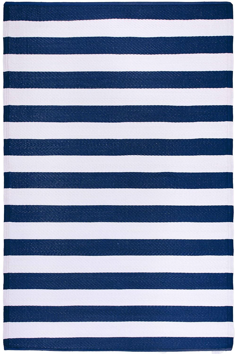 FH Home Outdoor Rug - Waterproof, Fade Resistant, Crease-Free - Premium Recycled Plastic - Striped - Patio, Deck, Porch, Balcony, Laundry Room - Brittany Stripe - Blue & White - 4 x 6 ft