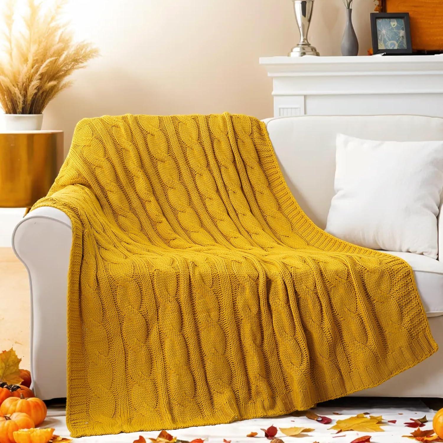 Mustard Cable Knit Wool Throw Blanket 50" x 60"