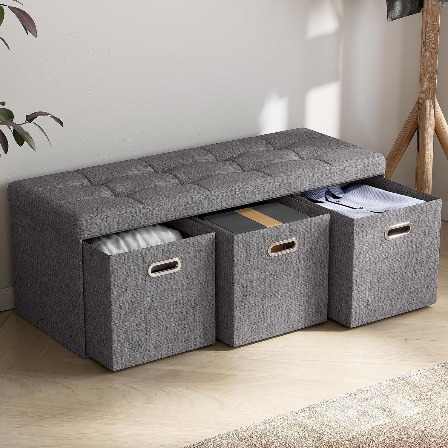 Ornavo Home Collapsible Large Storage Bench Ottoman with Drawers - 40" Inch - Charcoal Gray