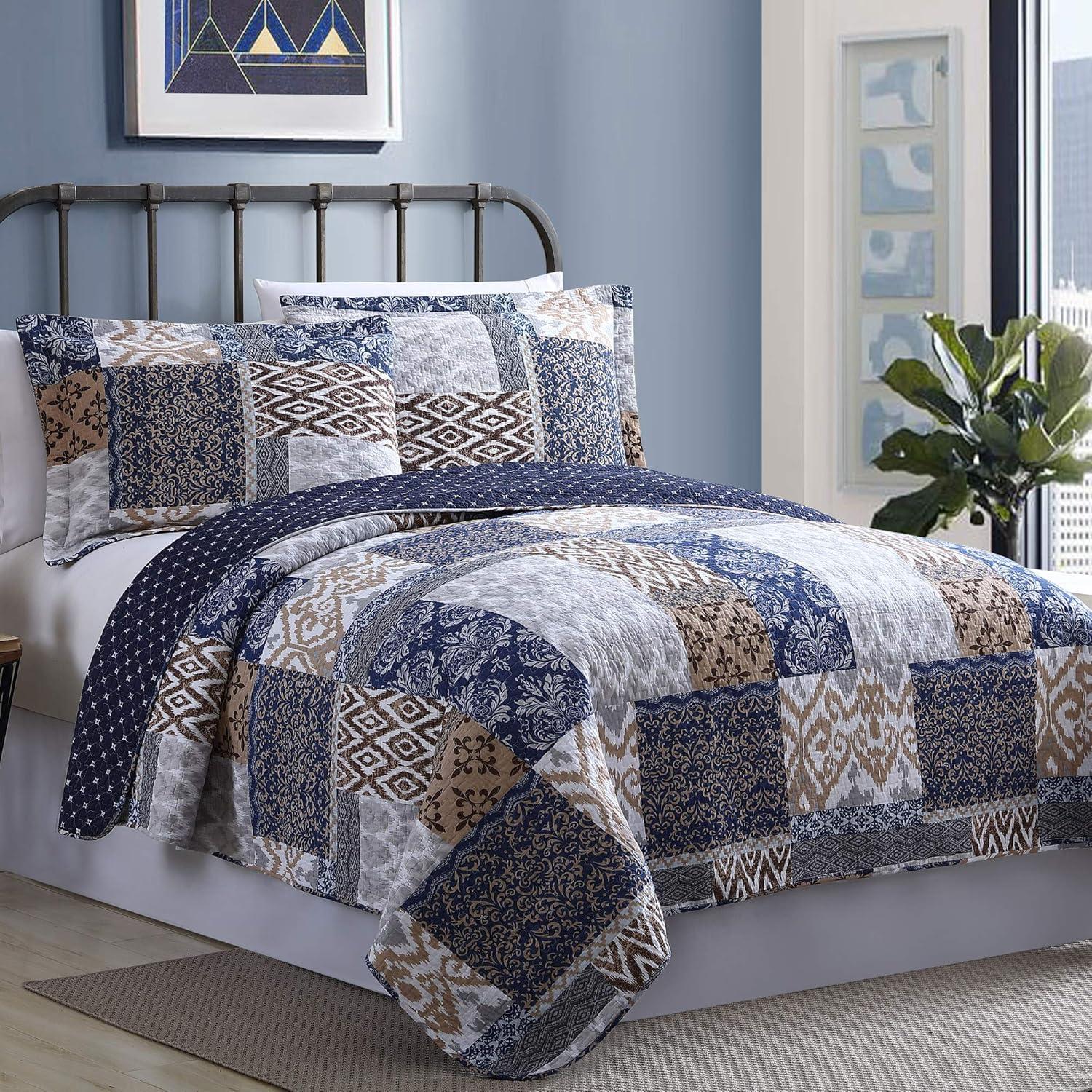 Laura Twin Blue Cotton Reversible Quilt Set