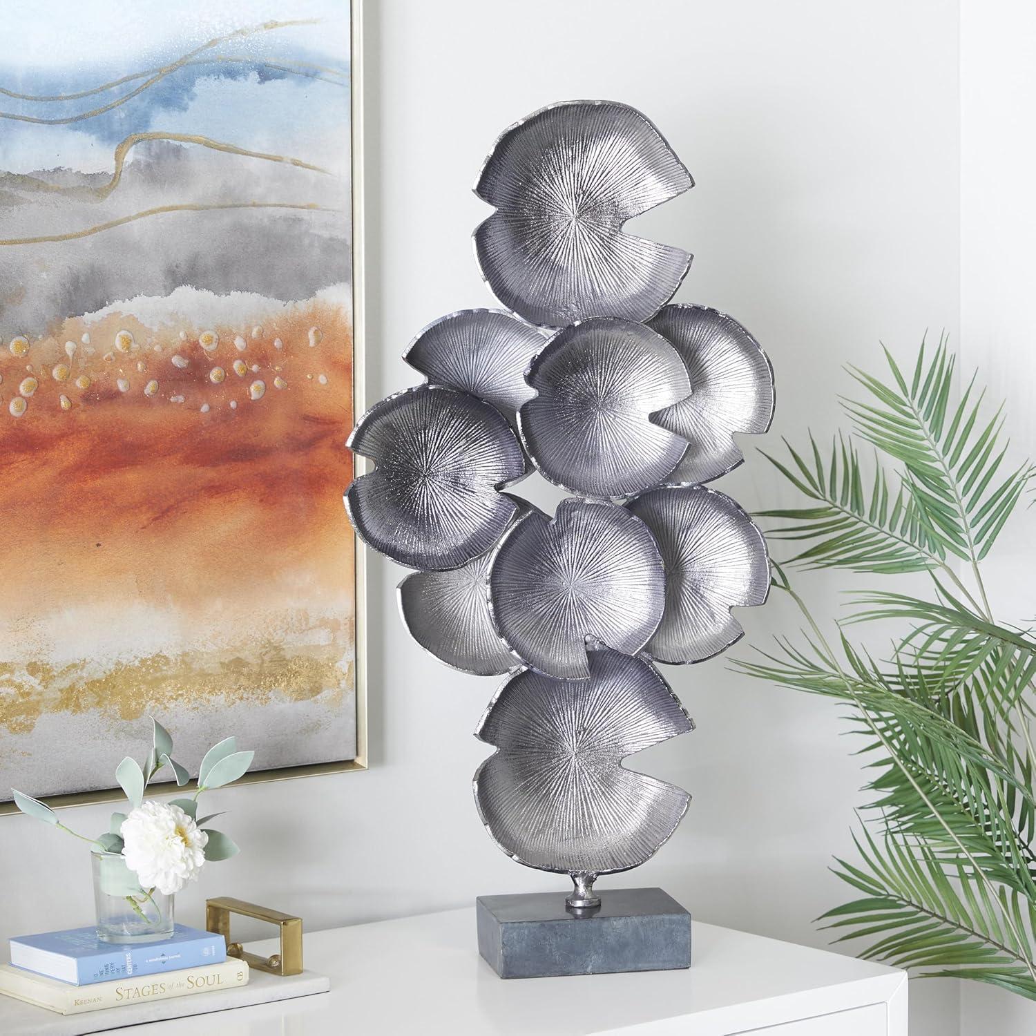 16" x 32" Gray Aluminum Layered Disk Abstract Sculpture with Black Base, by CosmoLiving by Cosmopolitan