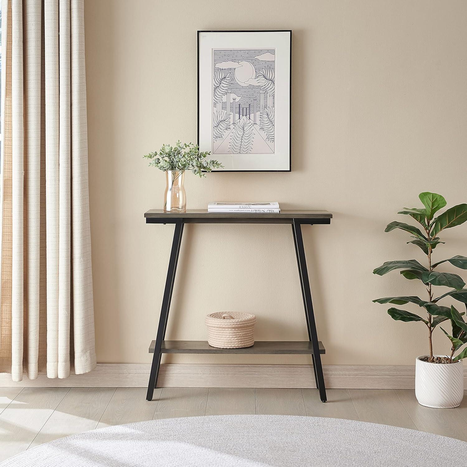 Gray Wood and Metal Console Table with Storage Shelf