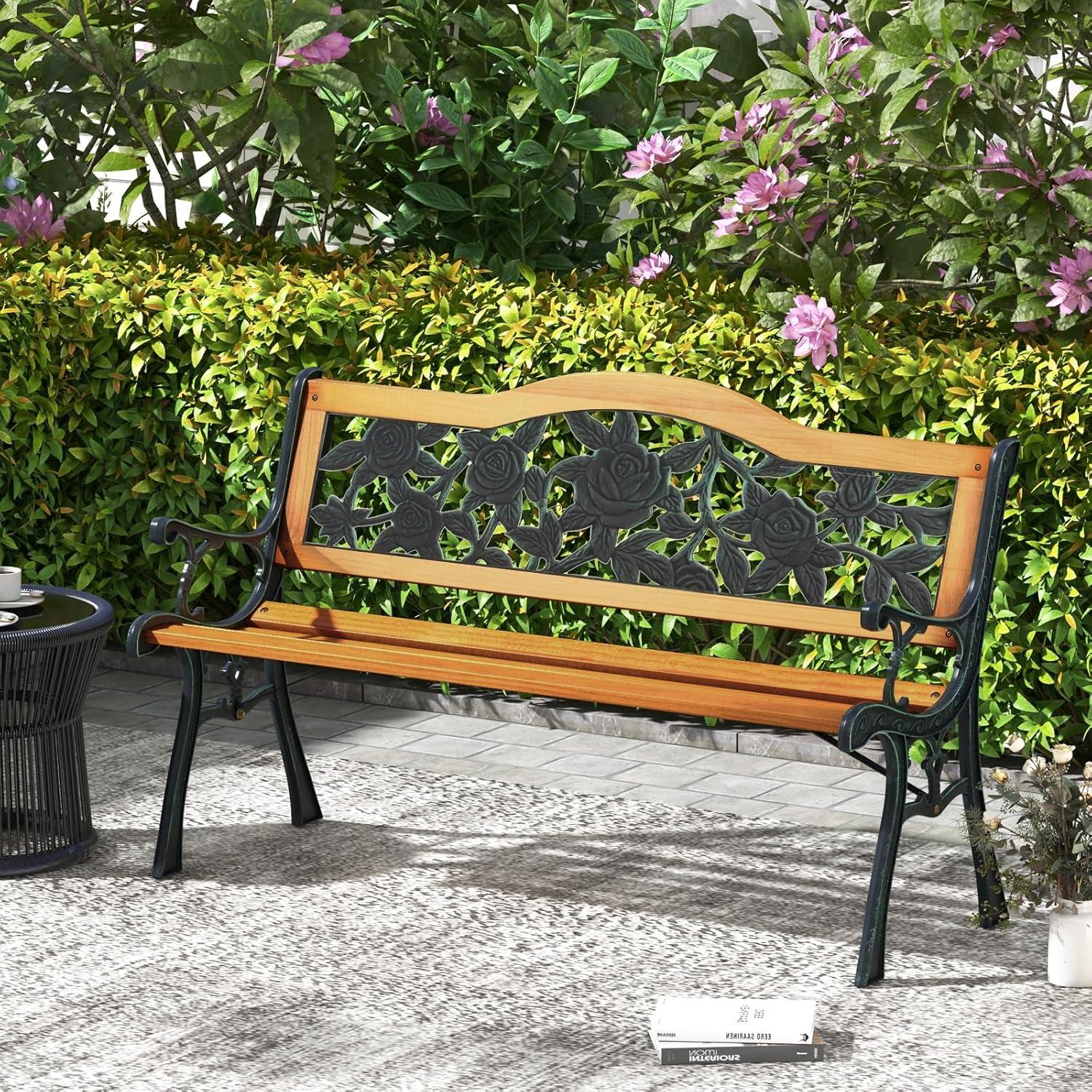 Tangkula Garden Cast Iron Bench Porch Path Loveseat Hardwood Chair for Patio Park