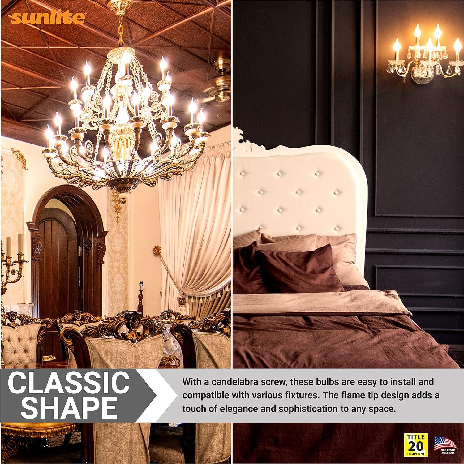 Sunlite 15CFC/25/12PK Flame Tip 15W Incandescent Petite Chandelier Light Bulb, Candelabra (E12) Base, Crystal Clear Bulb (12 Pack)