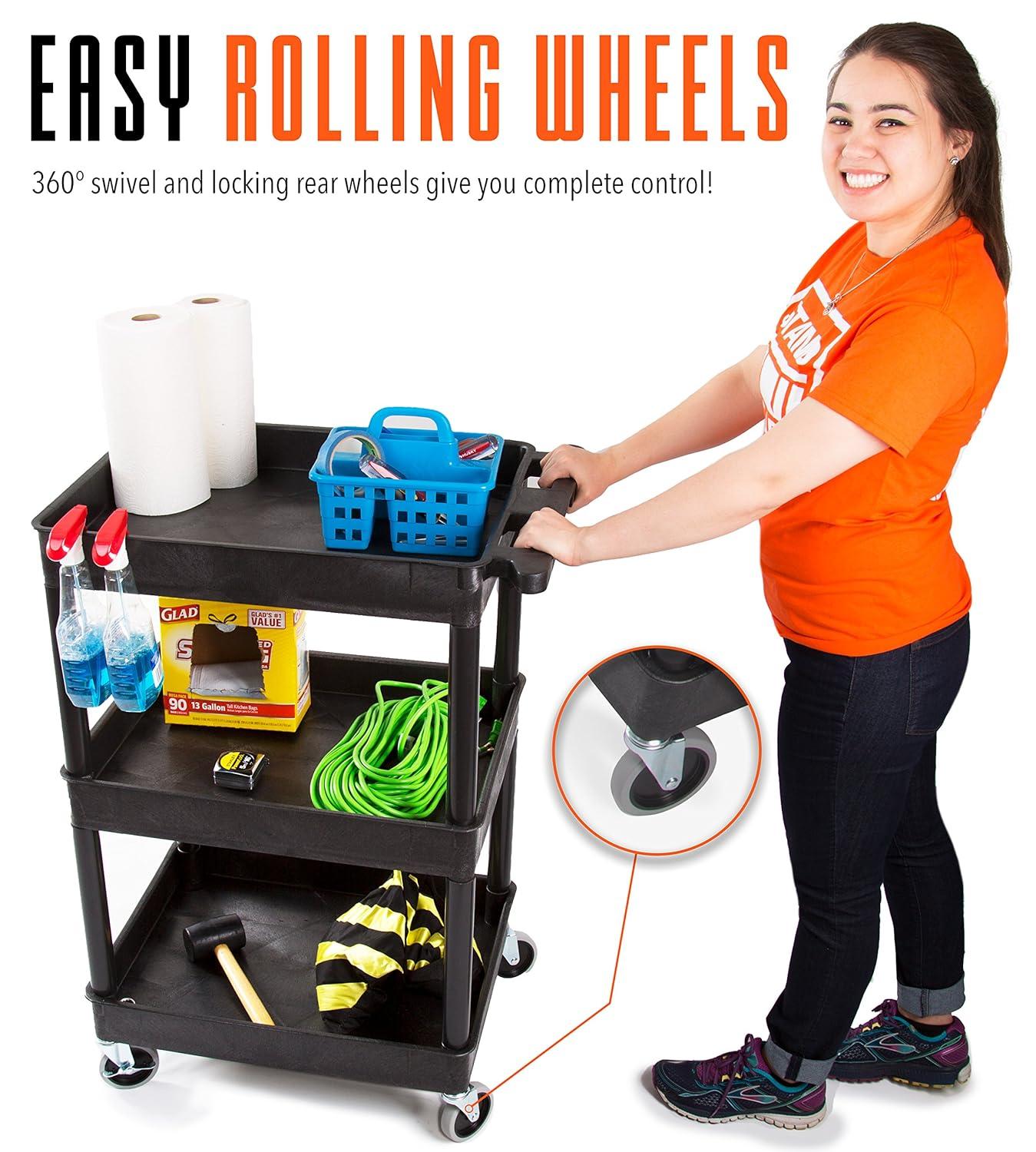 Tubstr Compact 3 Shelf Utility Cart | Heavy Duty Service Cart Supports up to 300 lbs! | Tub Cart with Deep Shelves | Great for Warehouse, Garage, Cleaning & More (3 Shelf/Black / 24 x 18)