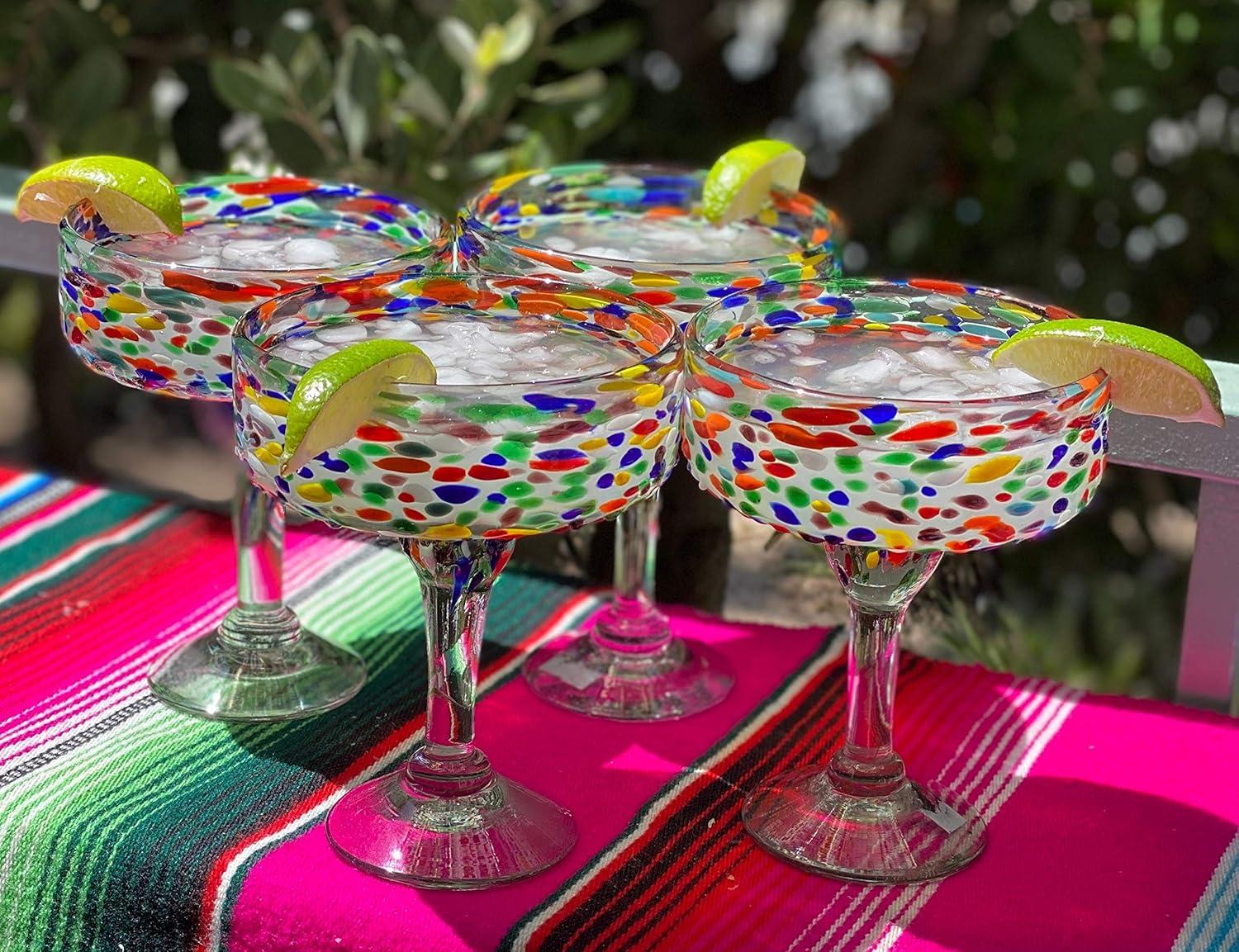 Mexican Hand Blown Glass – Set of 4 Hand Blown Margarita Glasses Confetti Rock (16 oz)