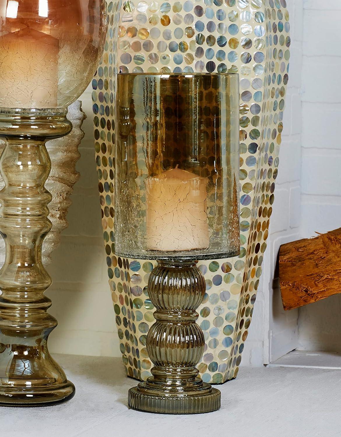 DecMode Gold Glass Handmade Turned Style Pillar Hurricane Lamp with Faux Mercury Glass Finish