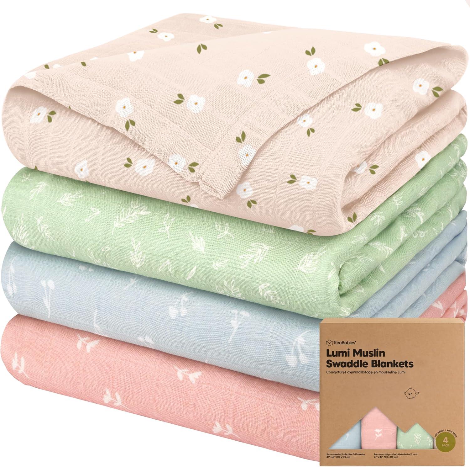 KeaBabies 4pk Muslin Swaddle Blankets for Baby Boys, Girls - Organic Baby Blankets, Swaddles for Newborns (Bloom)
