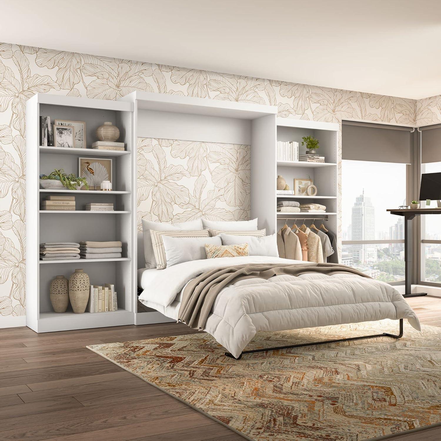Bestar Pur Queen Murphy Bed with 2 Shelving Units, 136-inch Space-Saving Sleeping Arrangement with Storage