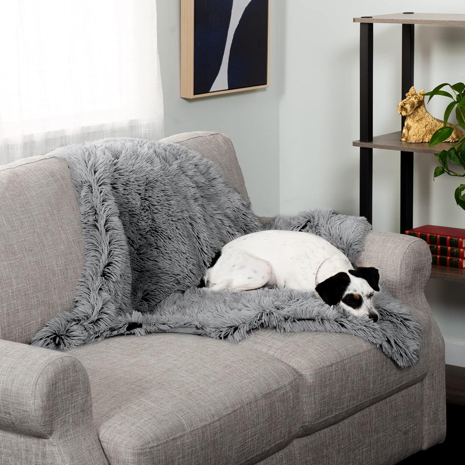 QUALITY FLOORING INC. Waterproof Throw Blanket For Dogs & Indoor Cats, Washable - Shaggy Plush Calming Long Faux Fur & Velvet Dog Blanket