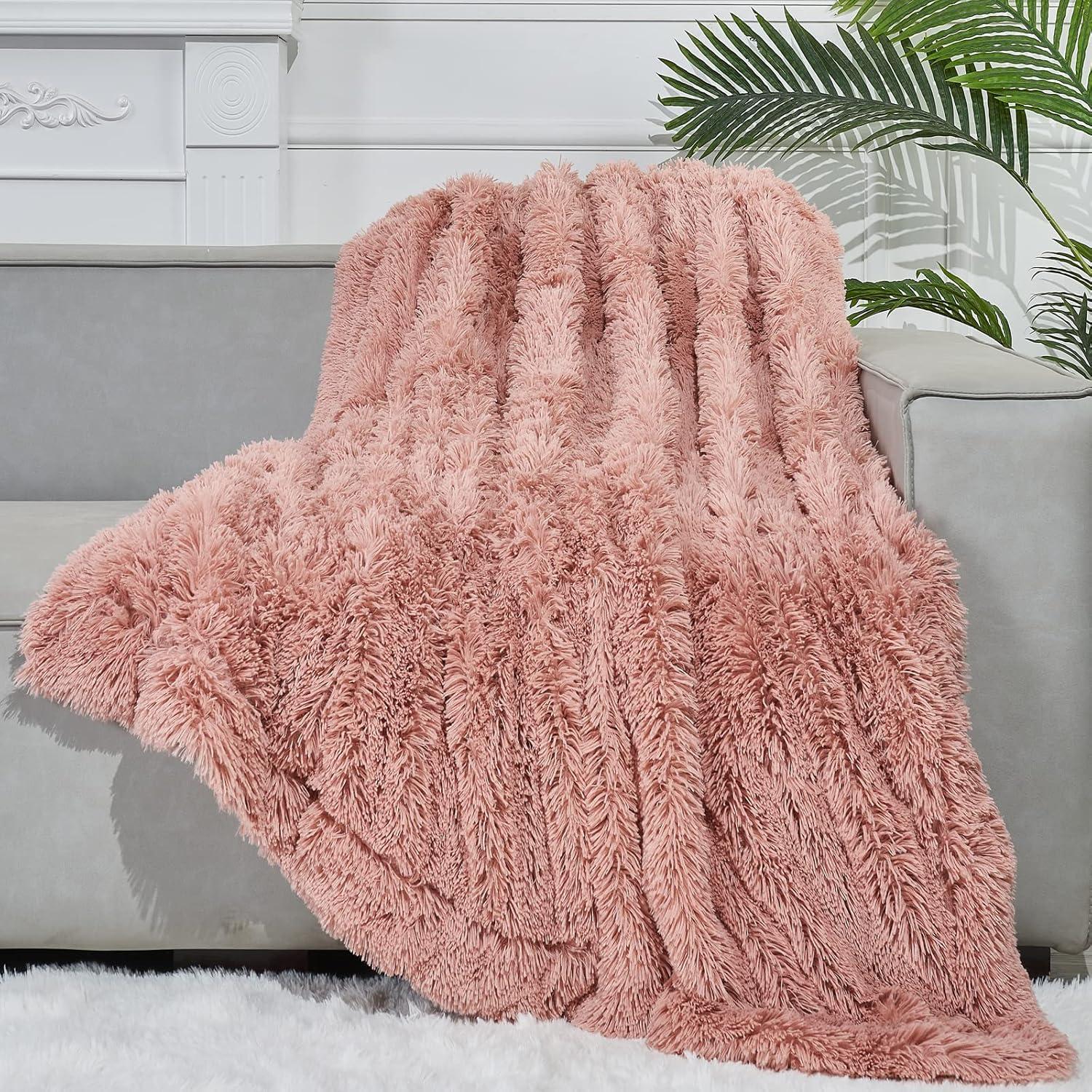 Pink Reversible Faux Fur and Fleece Throw Blanket