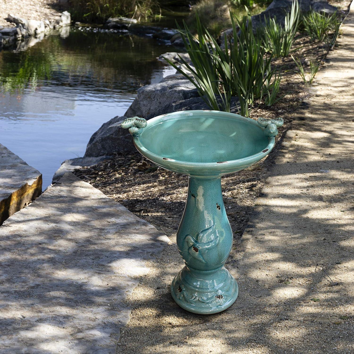 Alpine Corporation Ceramic Pedestal Bird Bath with Bird Figurines, Turquoise