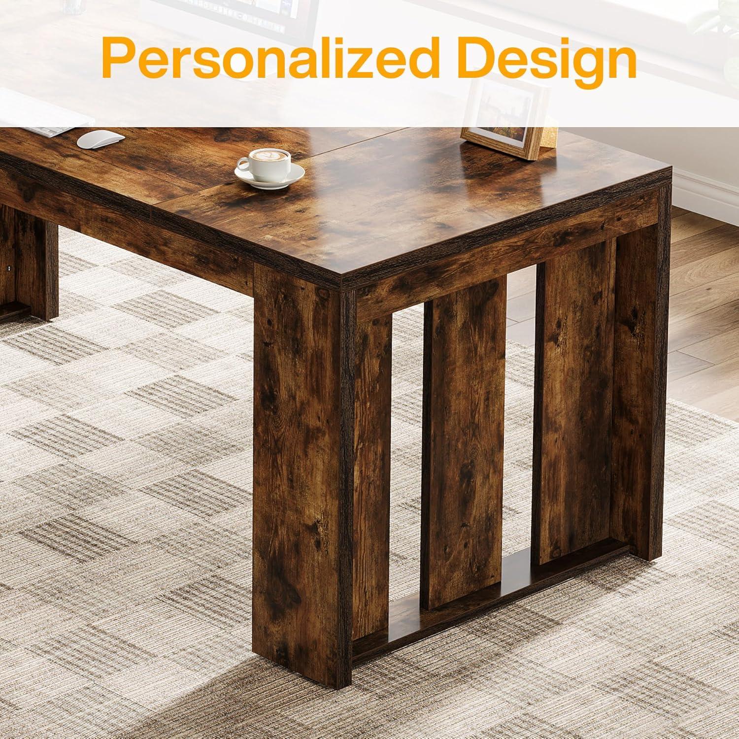 Tribesigns 63-Inch Executive Computer Desk, Industrial Writing Table with Solid Wooden Base for Home Office, Brown