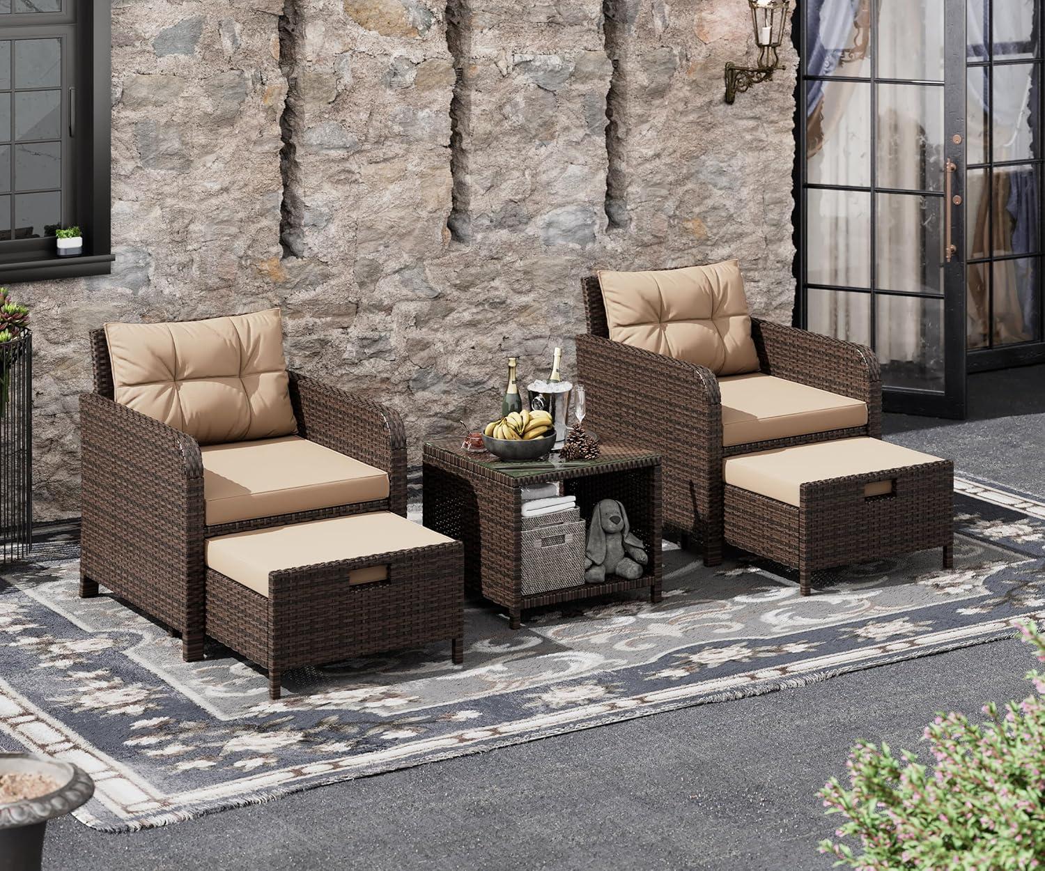 LeveLeve Balcony Furniture 5 Piece Patio Conversation Set, PE Wicker Rattan Outdoor Lounge Chairs with Soft Cushions 2 Ottoman&Glass Table for Porch, Lawn-Brown Wicker (Khaki)