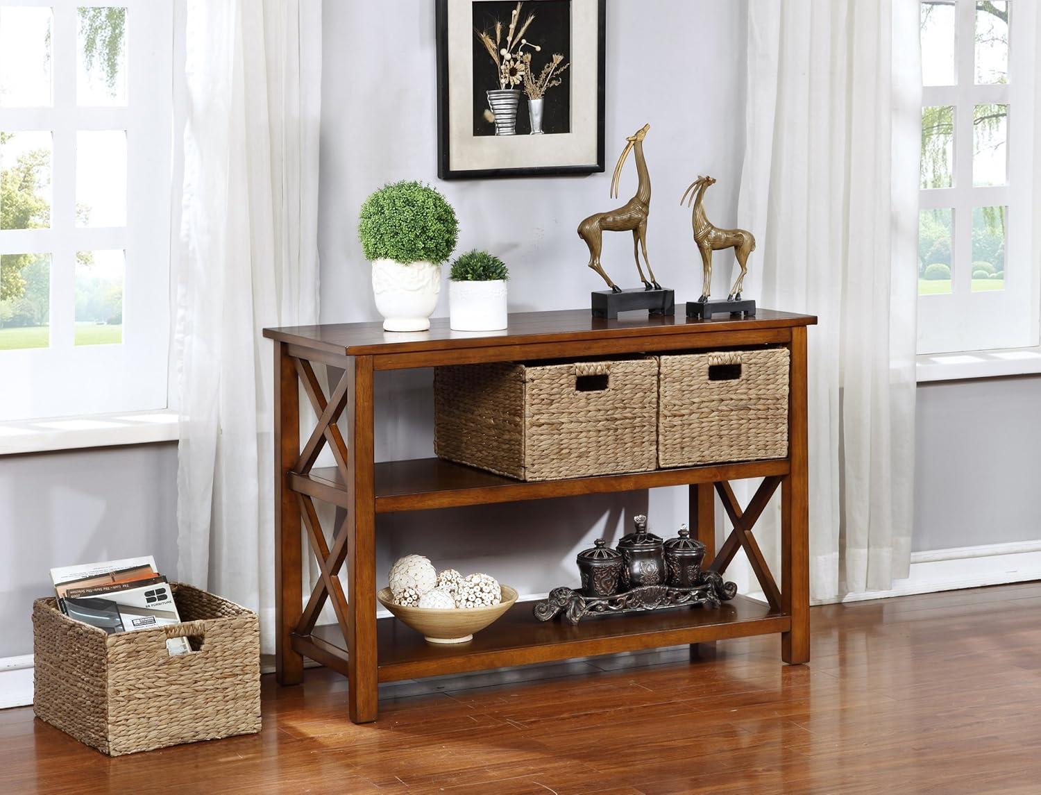 Rustic Coffee Rubberwood Console Table with Wicker Storage Baskets