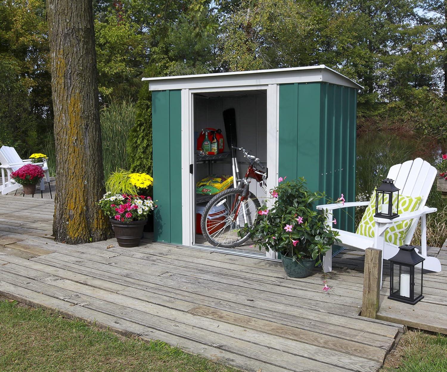 Eggshell and Green Steel Outdoor Storage Shed with Sliding Doors